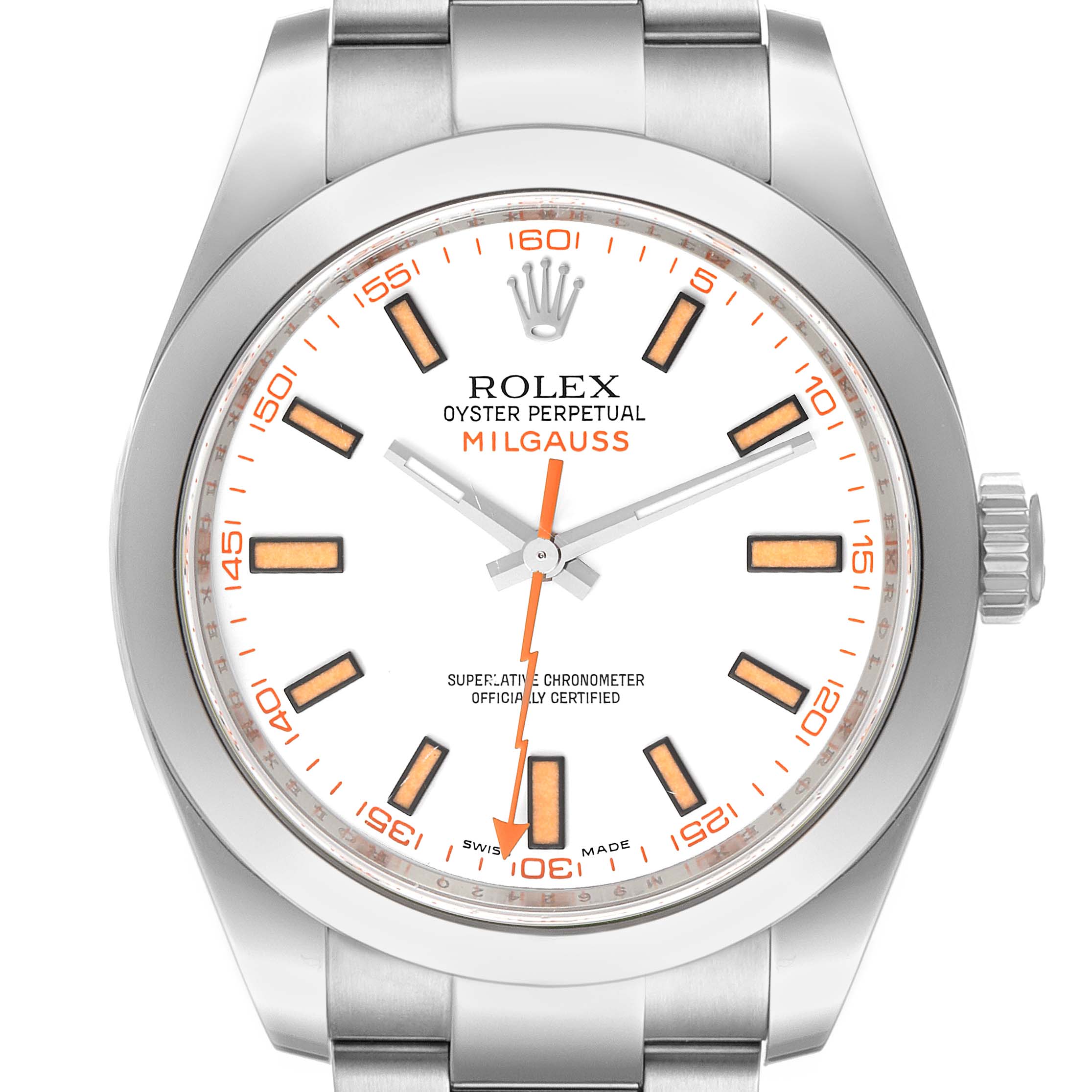 The image shows a frontal view of a Rolex Milgauss 116400V Men
s Stainless Steel White Dial 116400V Men
s Stainless Steel White Dial watch, displaying its face, bezel, and a portion of the bracelet.