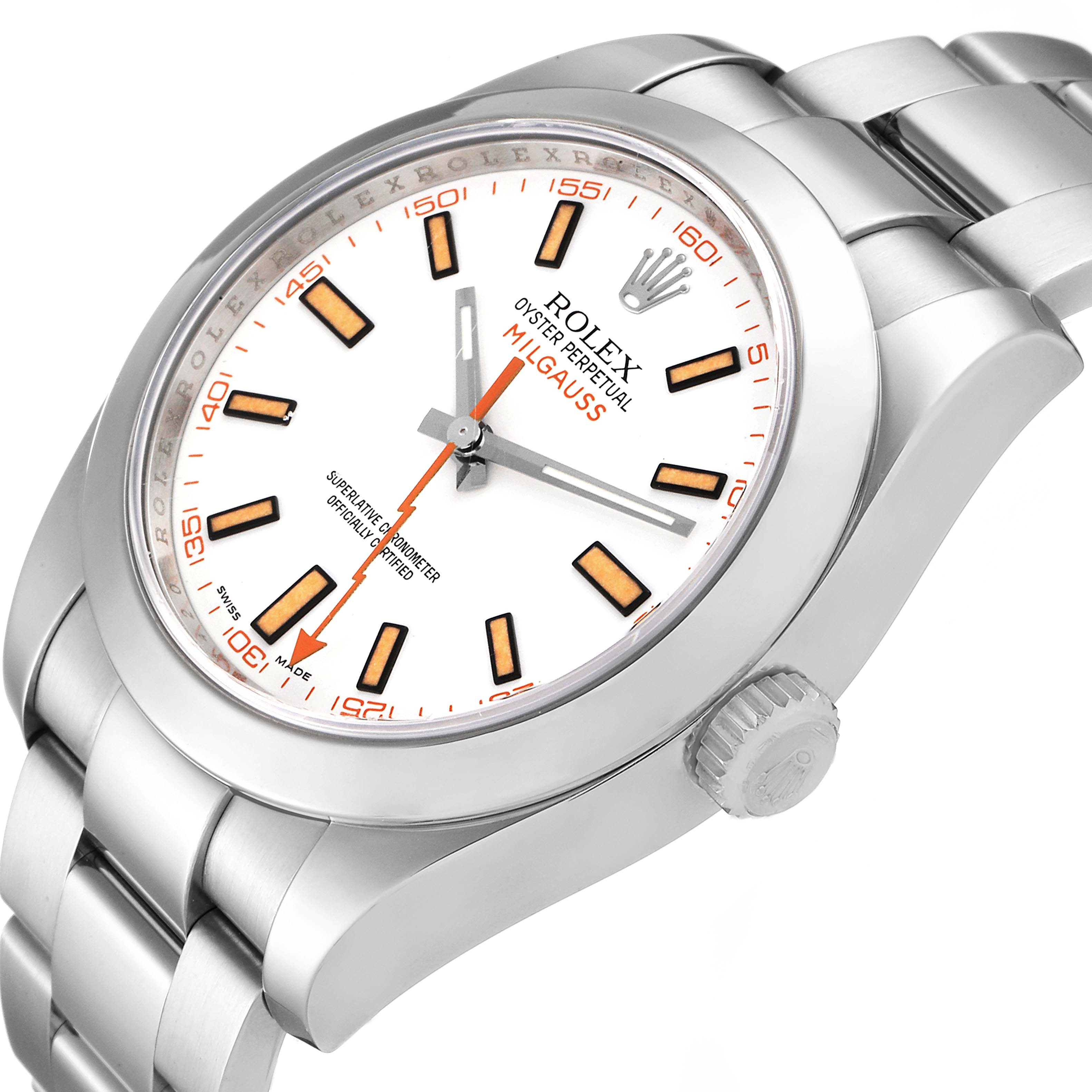 The image shows a Rolex Milgauss 116400V Men
s Stainless Steel White Dial 116400V Men
s Stainless Steel White Dial watch from a slight angled side view, displaying the dial, case, and part of the bracelet.