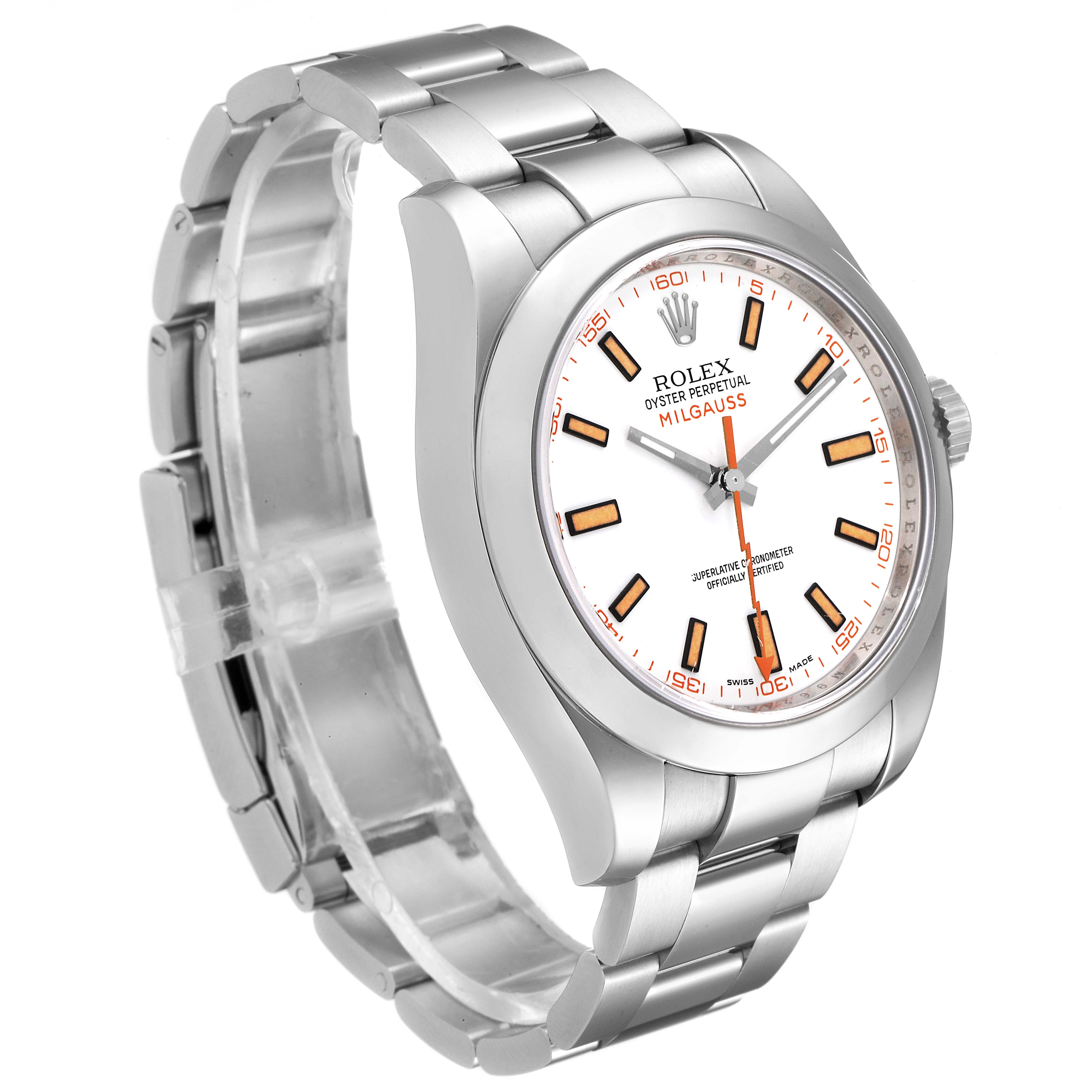 The image shows a Rolex Milgauss 116400V Men
s Stainless Steel White Dial 116400V Men
s Stainless Steel White Dial watch from a front angle, highlighting its white dial, orange markers, and bracelet.