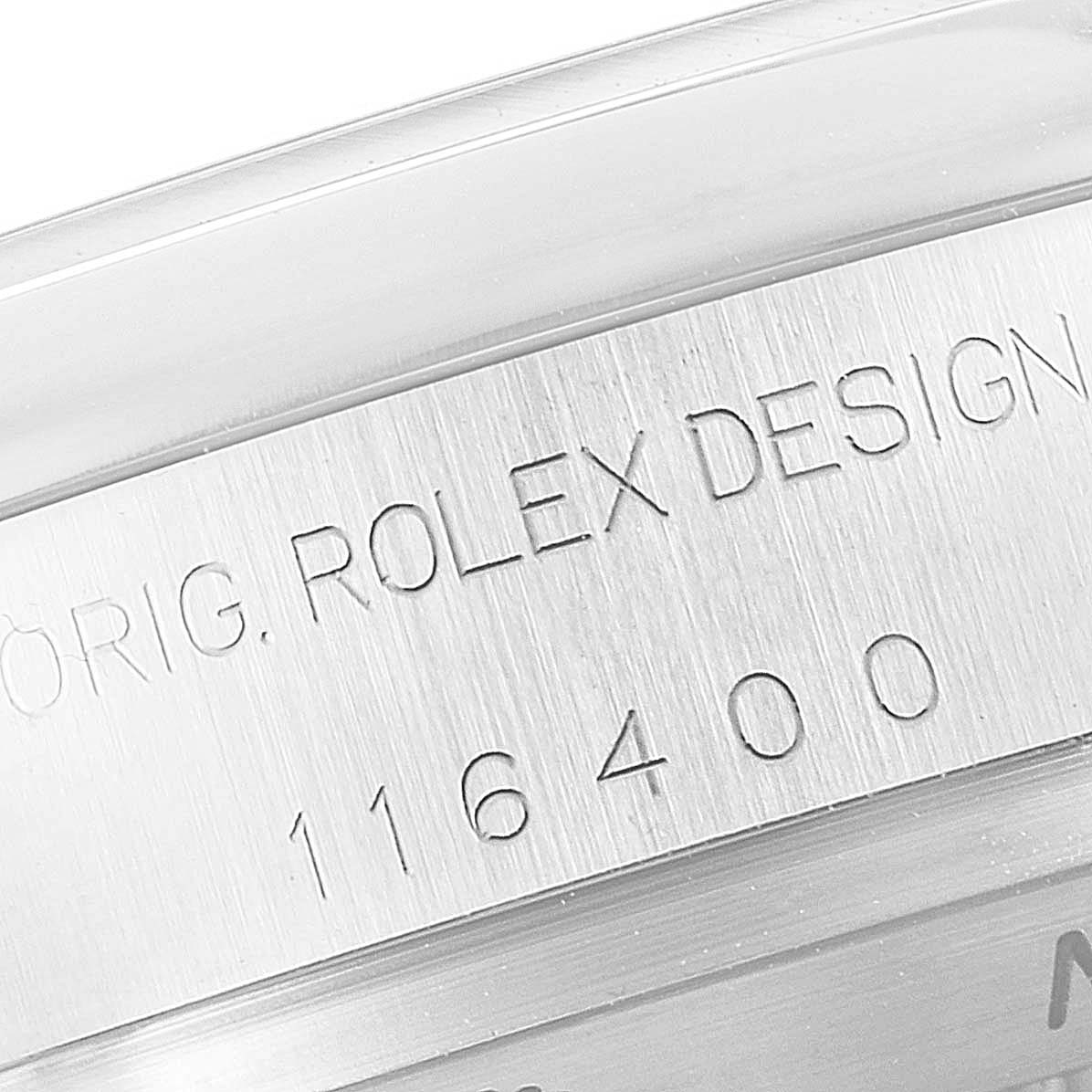 This image shows a close-up of the engraved model number on the case of a Rolex Milgauss 116400V Men
s Stainless Steel White Dial 116400V Men
s Stainless Steel White Dial watch.