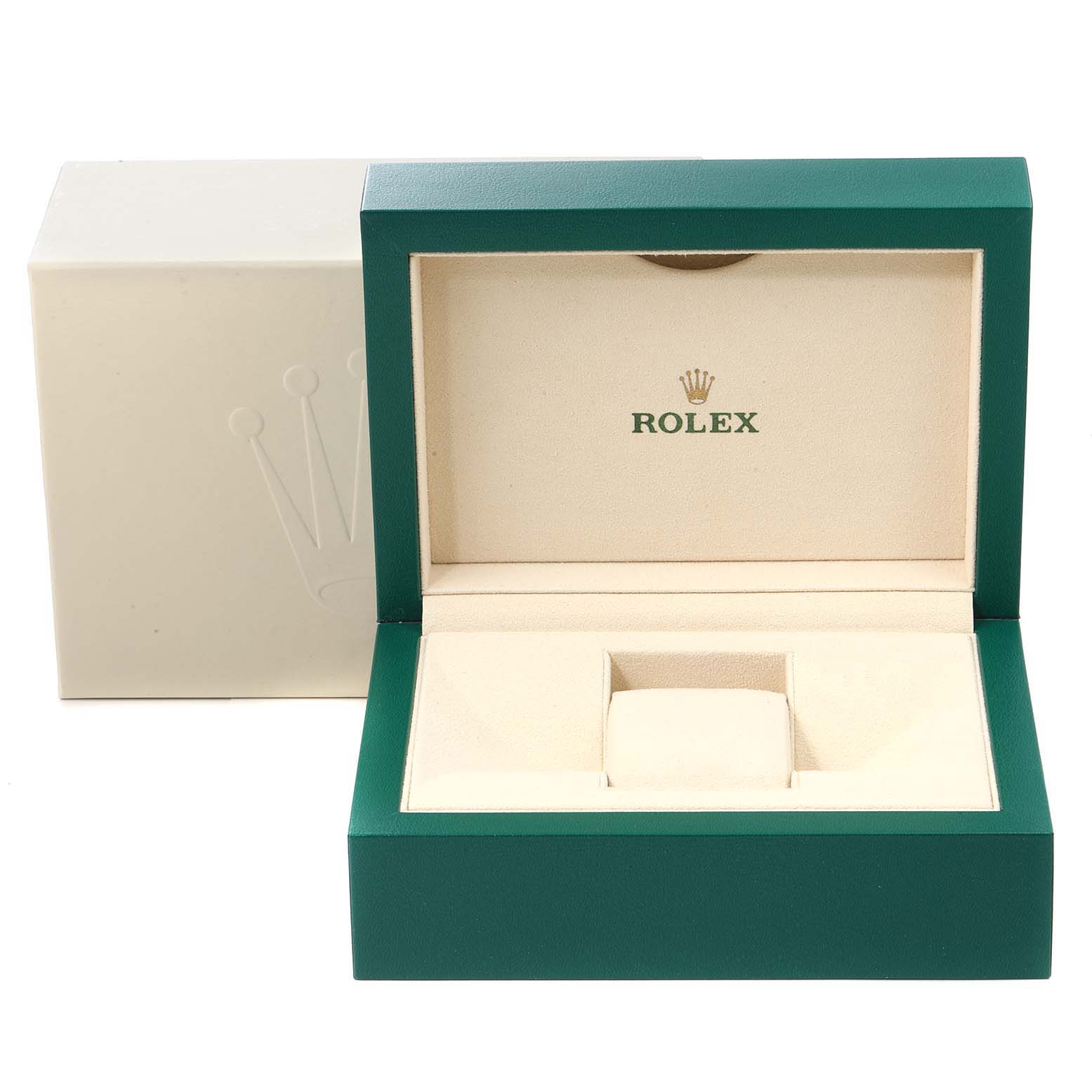 This image shows the opened presentation box for the Rolex Milgauss 116400V Men
s Stainless Steel White Dial 116400V Men
s Stainless Steel White Dial watch.