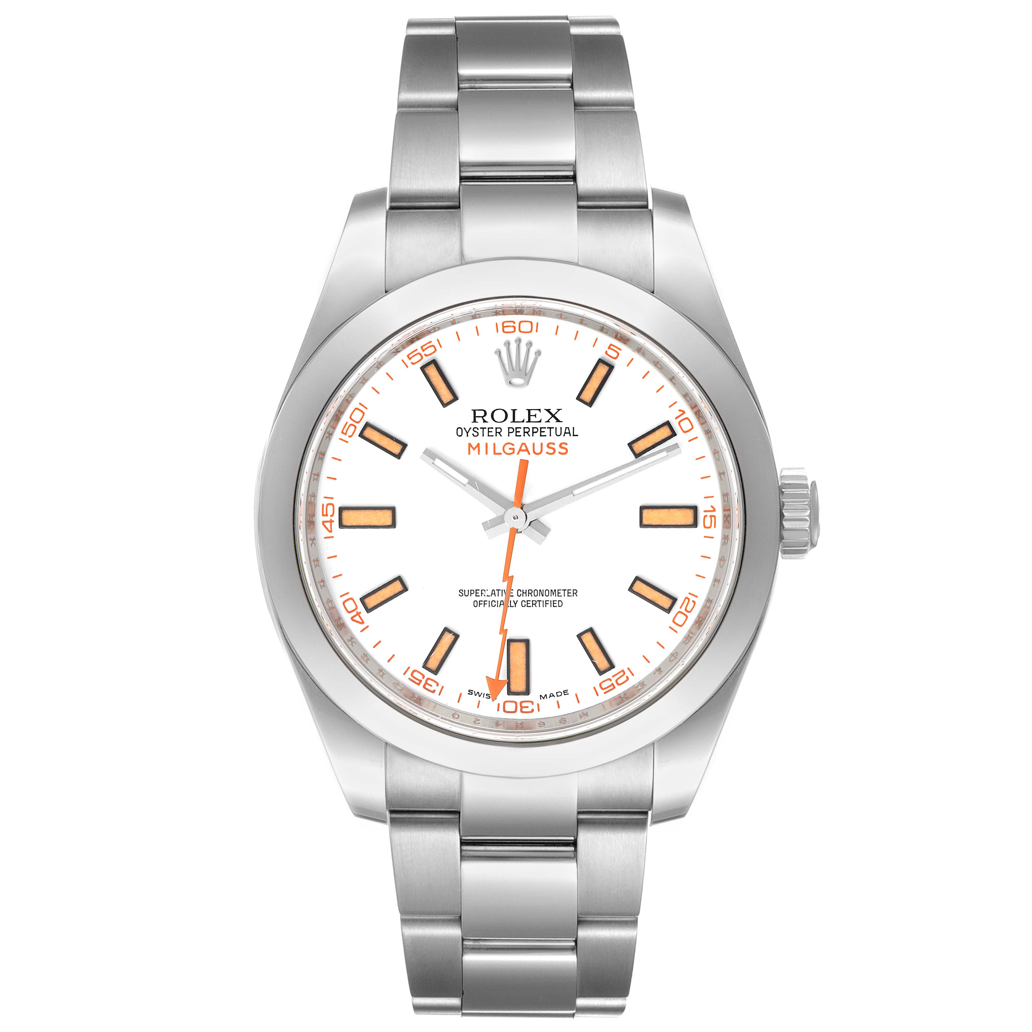 This image shows a front view of a Rolex Milgauss 116400V Men
s Stainless Steel White Dial 116400V Men
s Stainless Steel White Dial watch, displaying the face, hands, bezel, and bracelet.