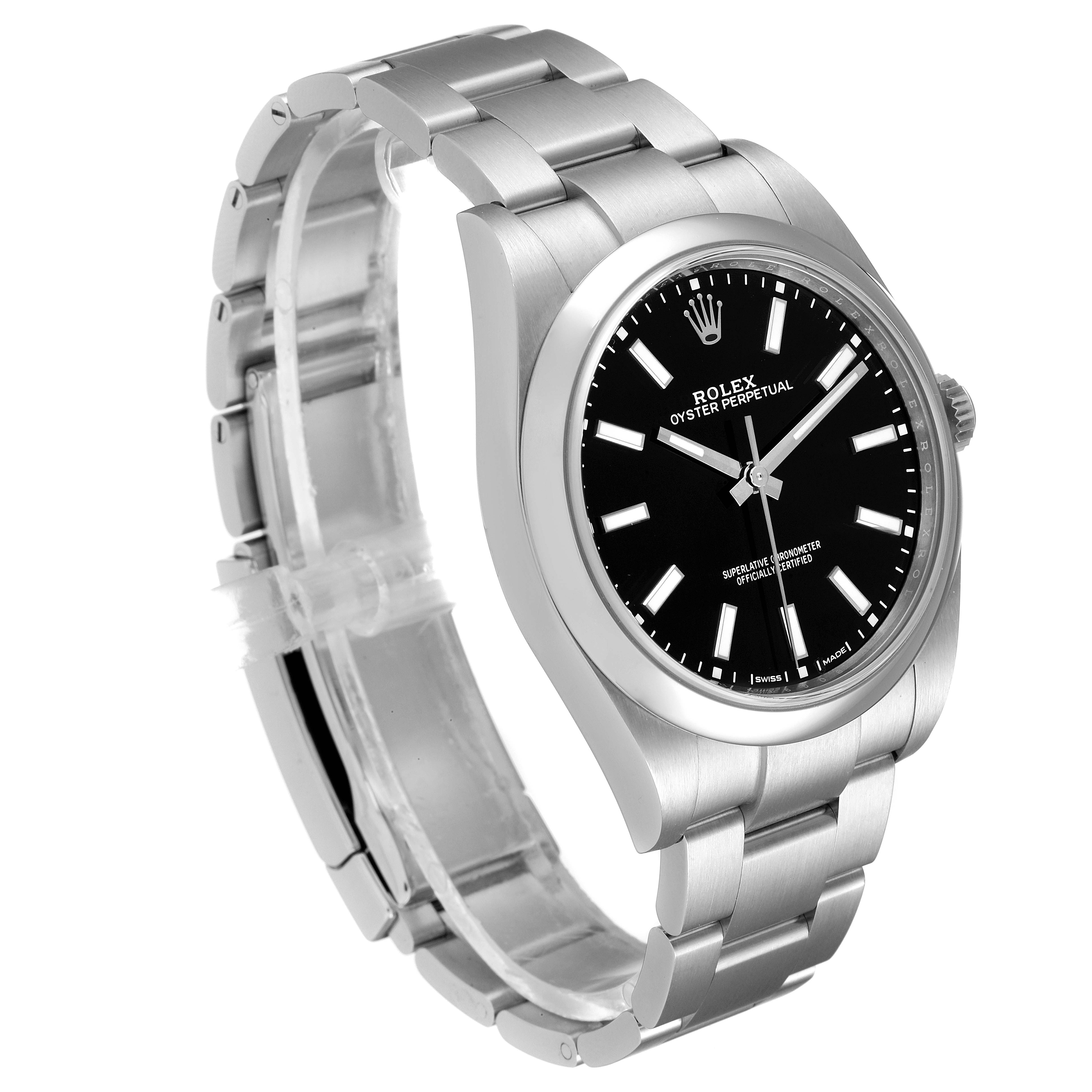 The image shows a Rolex Oyster Perpetual 114300 Men
s Stainless Steel Black Dial 114300 Men
s Stainless Steel Black Dial watch at a three-quarter angle, highlighting the dial, case, and bracelet.