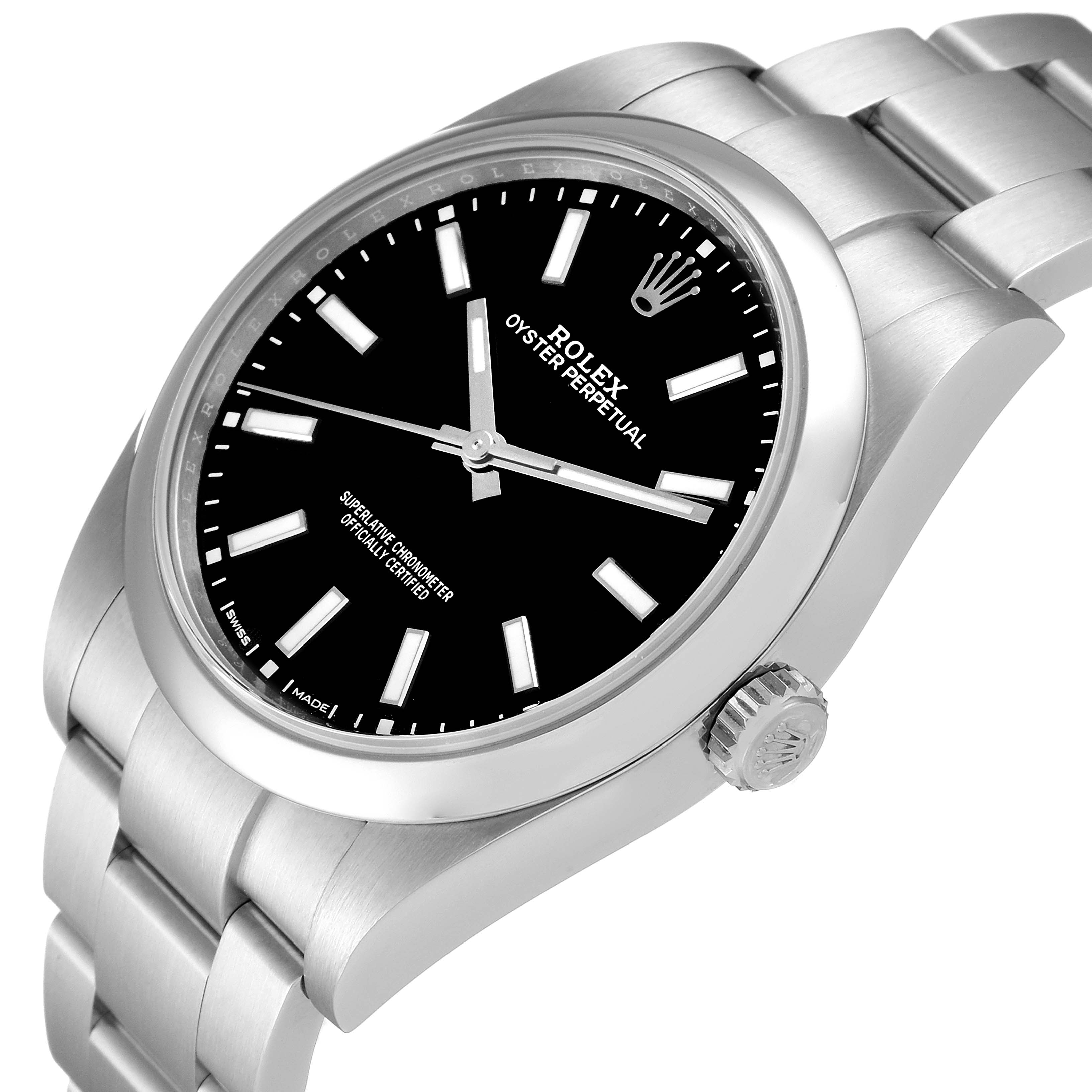 The image shows a Rolex Oyster Perpetual 114300 Men
s Stainless Steel Black Dial 114300 Men
s Stainless Steel Black Dial watch from an angled side view, highlighting the dial, bezel, bracelet, and crown.