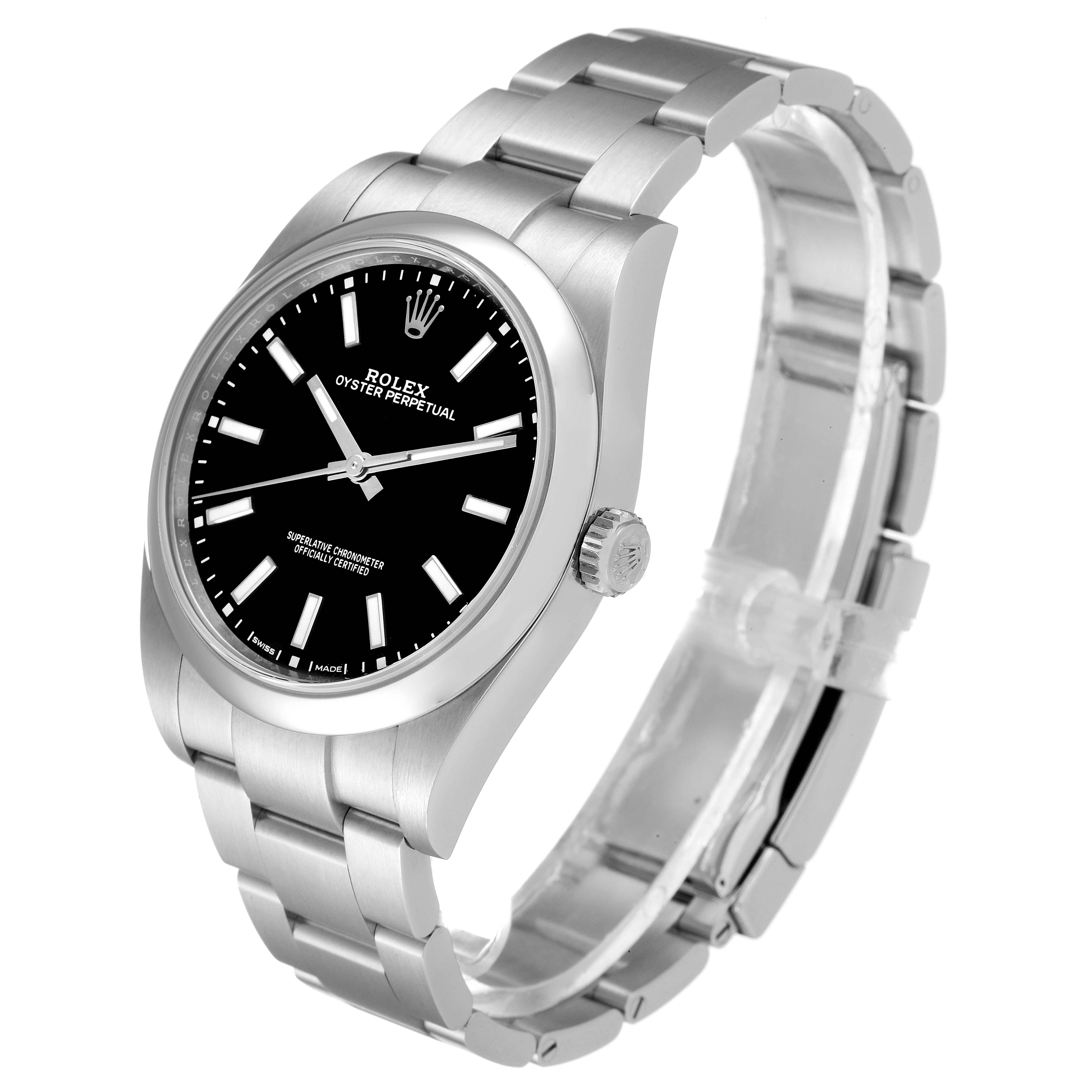 This image shows a Rolex Oyster Perpetual 114300 Men
s Stainless Steel Black Dial 114300 Men
s Stainless Steel Black Dial watch at a three-quarter angle, highlighting the face, crown, and bracelet.