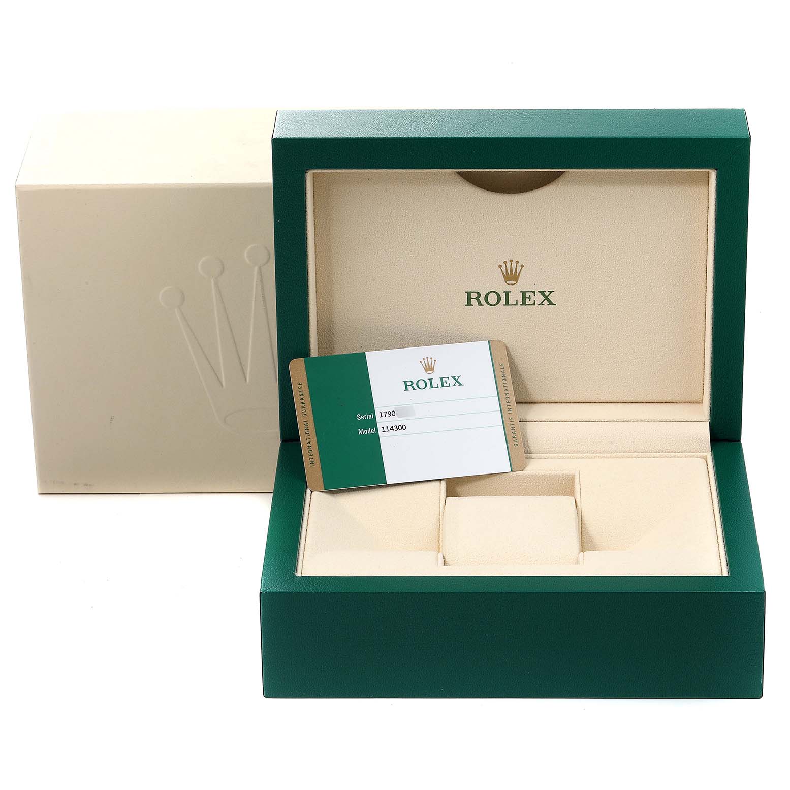 The image shows the box and certificate of a Rolex Oyster Perpetual 114300 Men
s Stainless Steel Black Dial 114300 Men
s Stainless Steel Black Dial model, with neither the watch nor its accessories visible.