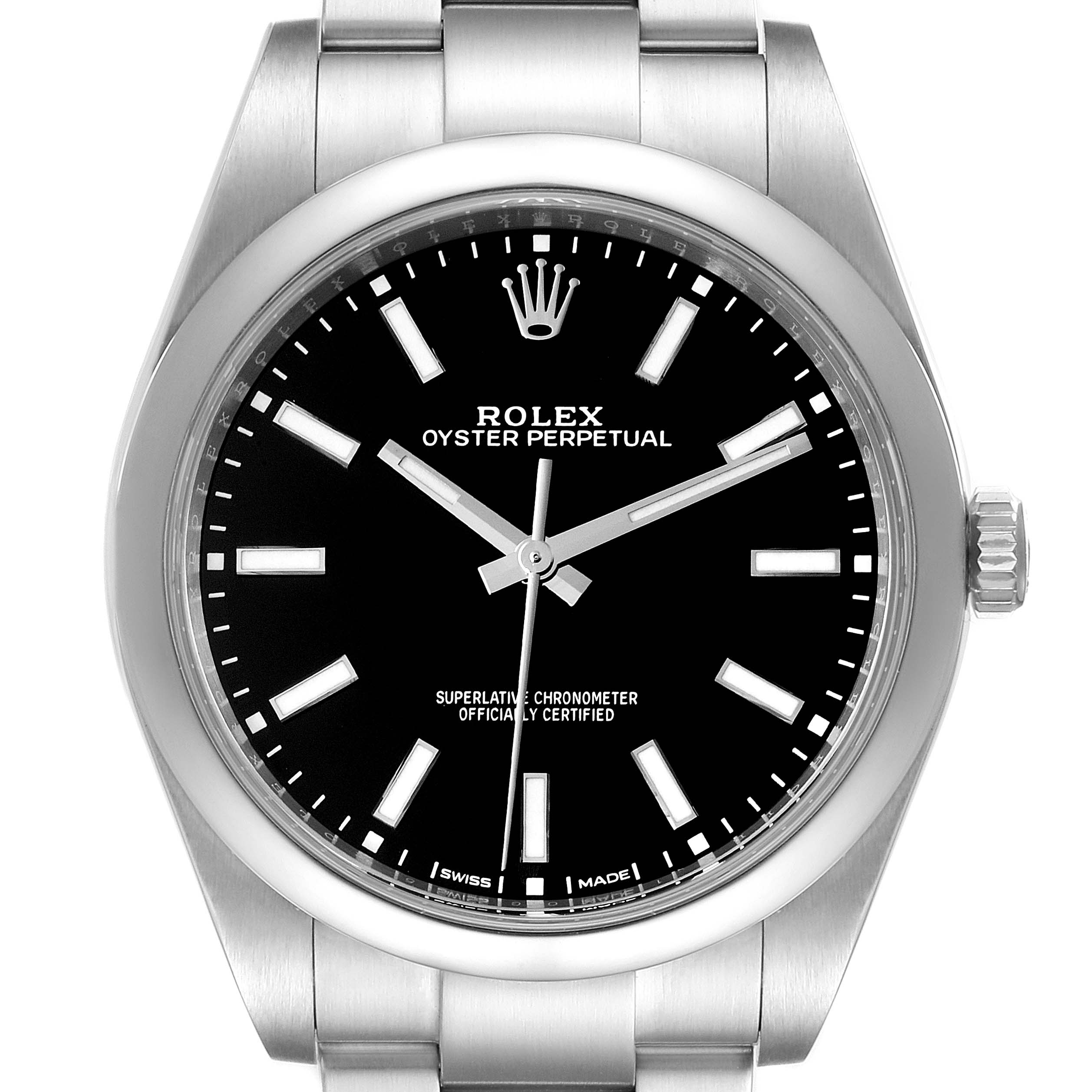 The image shows a front view of the Rolex Oyster Perpetual 114300 Men
s Stainless Steel Black Dial 114300 Men
s Stainless Steel Black Dial watch, highlighting the dial, case, and bracelet.