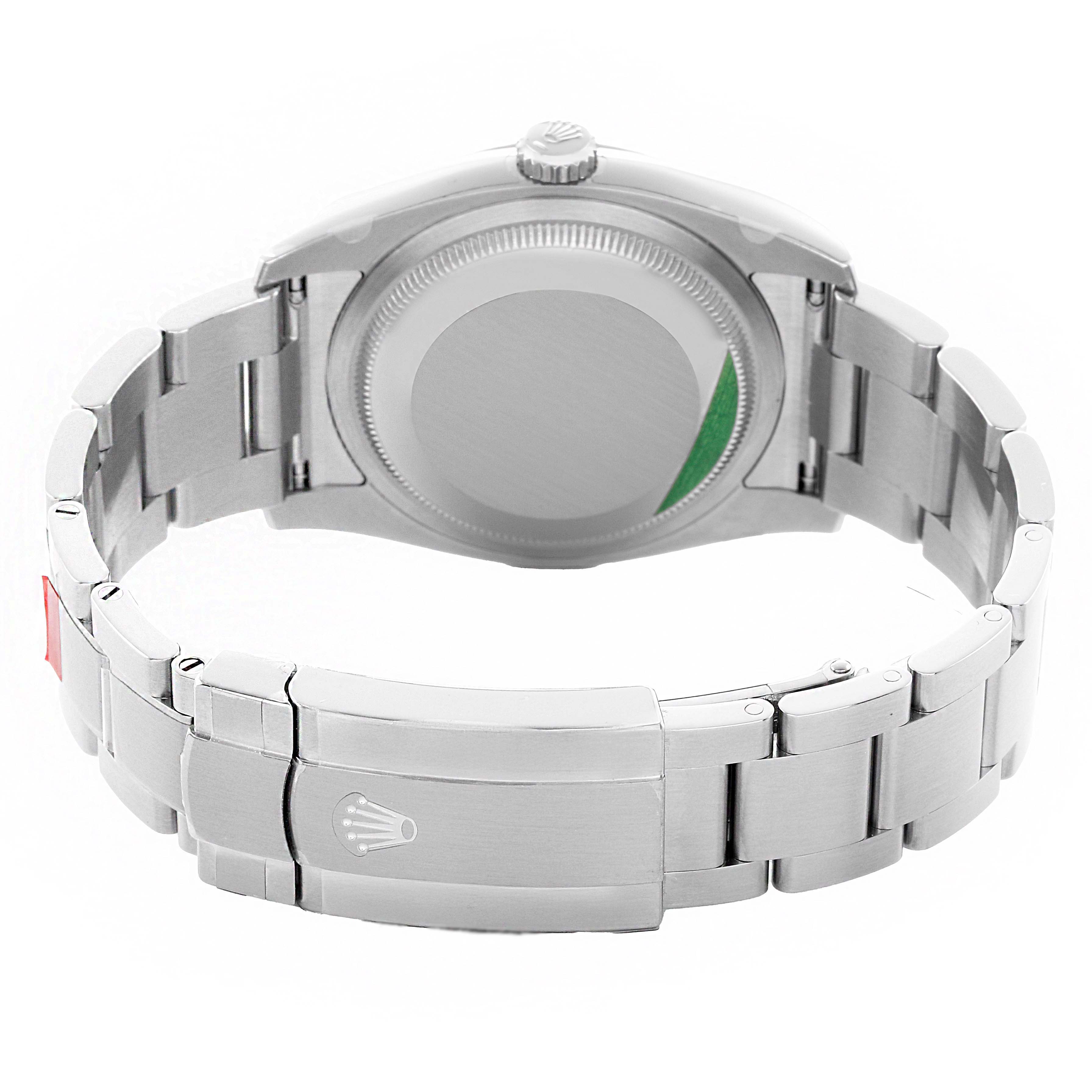 This image shows the back view of a Rolex Oyster Perpetual 116000 Men's Stainless Steel Black Dial watch, highlighting the bracelet and clasp.