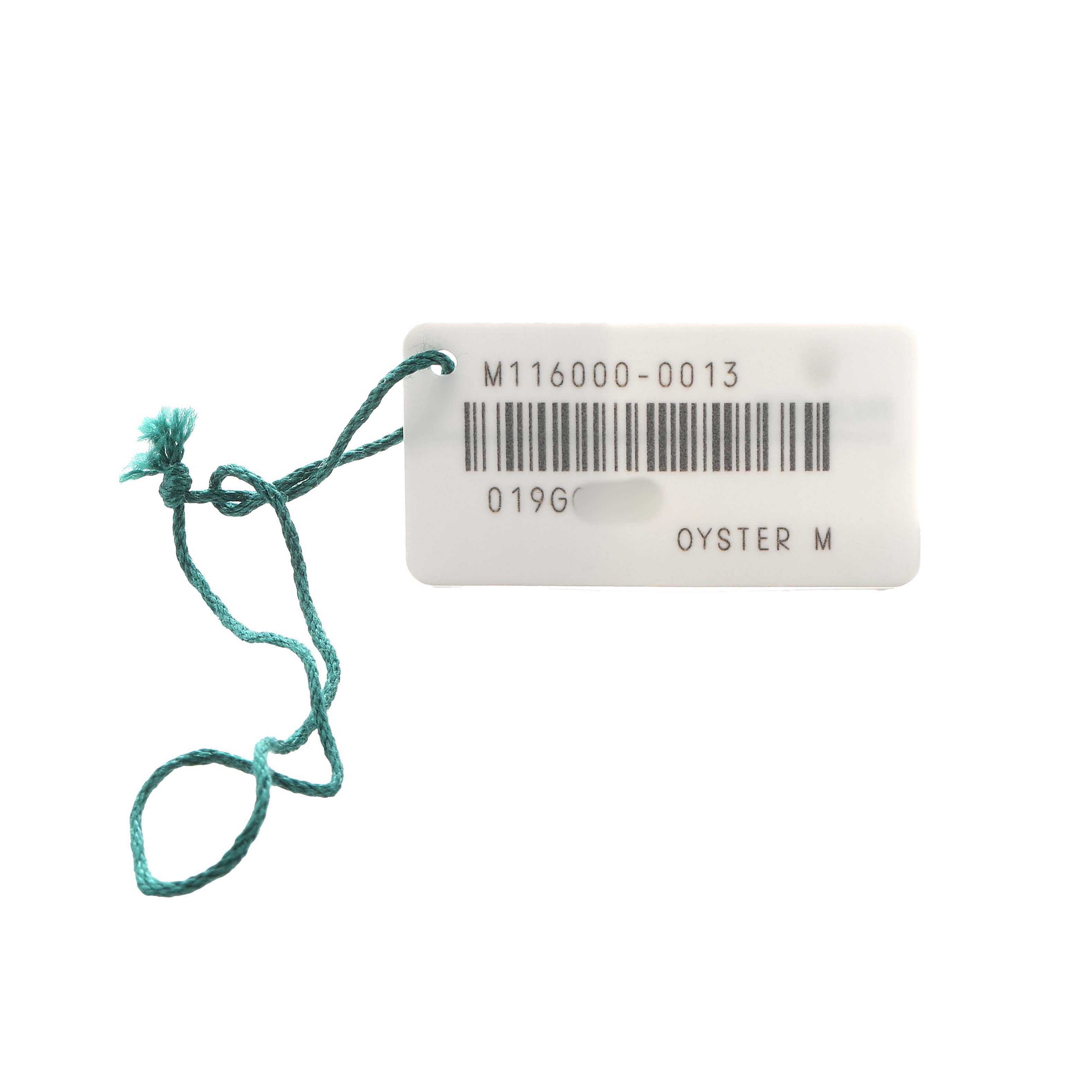 The image shows a tag with a bar code and model number for the Rolex Oyster Perpetual 116000 Men's Stainless Steel Black Dial.
