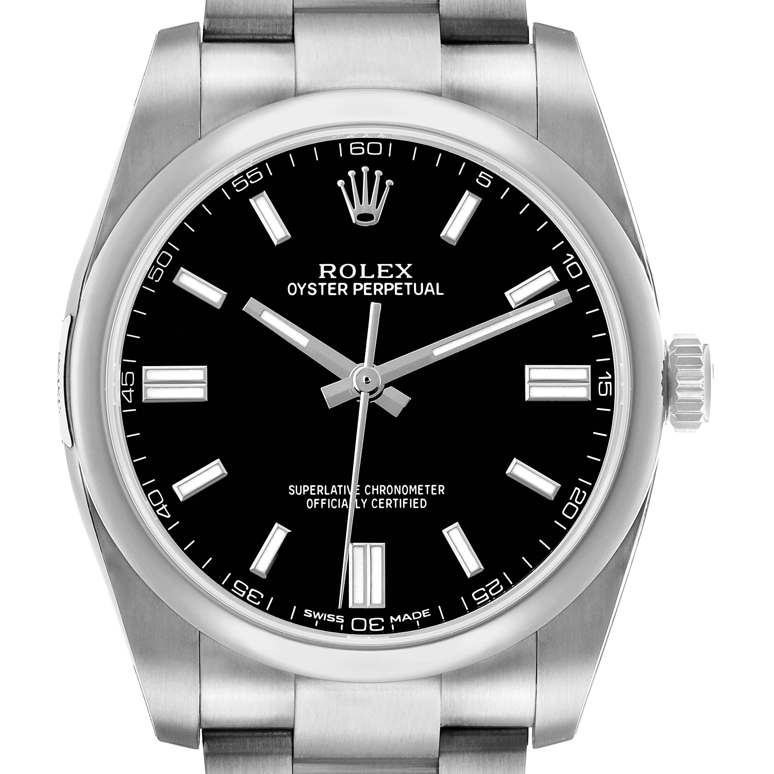 The Rolex Oyster Perpetual 116000 Men's Stainless Steel Black Dial watch is shown from the front, displaying its face, crown, and part of the bracelet.