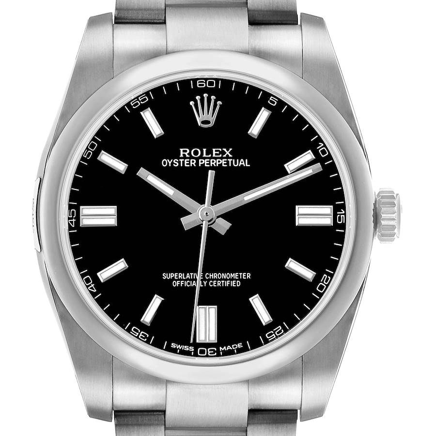 The Rolex Oyster Perpetual 116000 Men's Stainless Steel Black Dial watch is shown from the front, displaying its face, crown, and part of the bracelet.