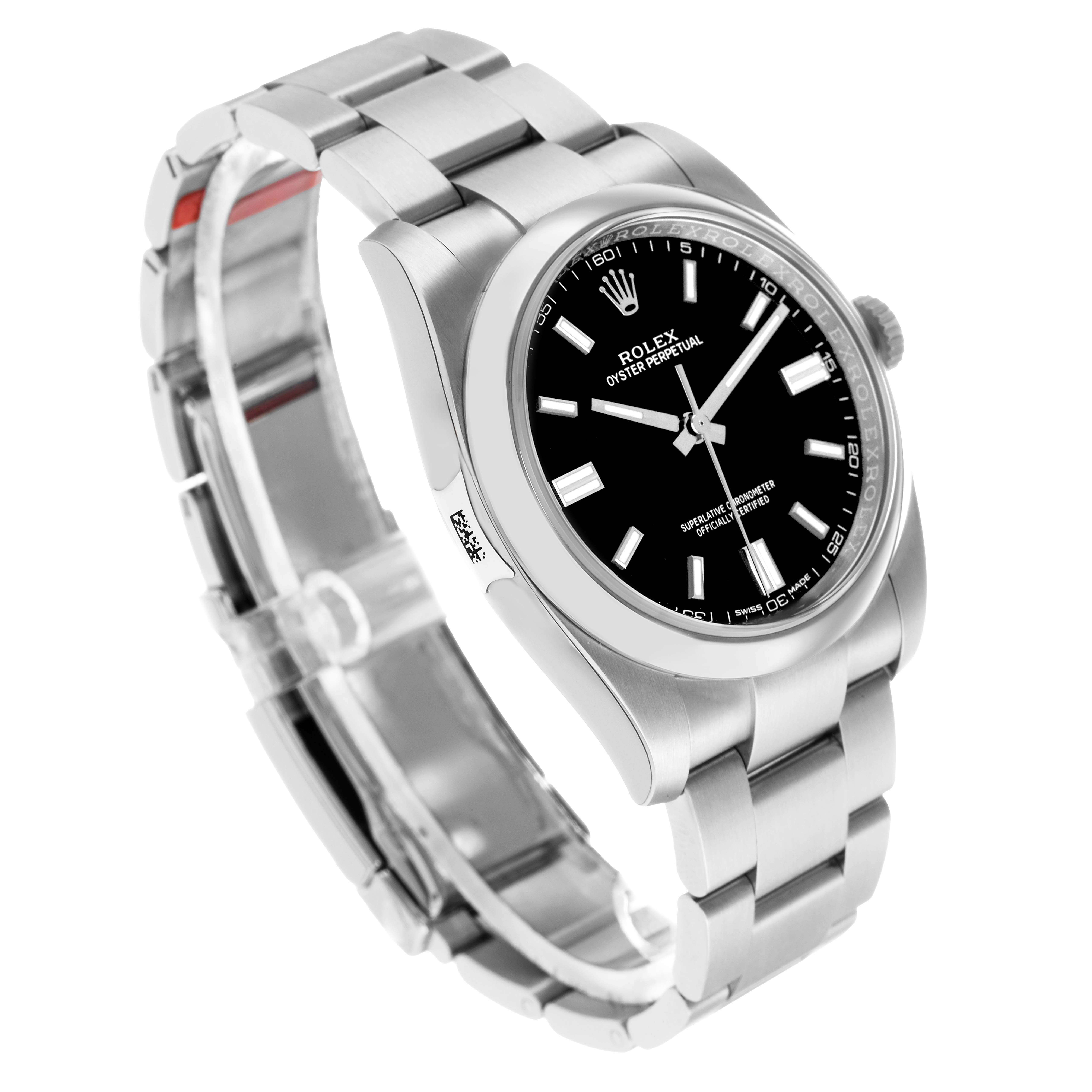 The Rolex Oyster Perpetual 116000 Men's Stainless Steel Black Dial watch is shown at a slight angle, displaying the bracelet, bezel, and face with hour markers clearly visible.