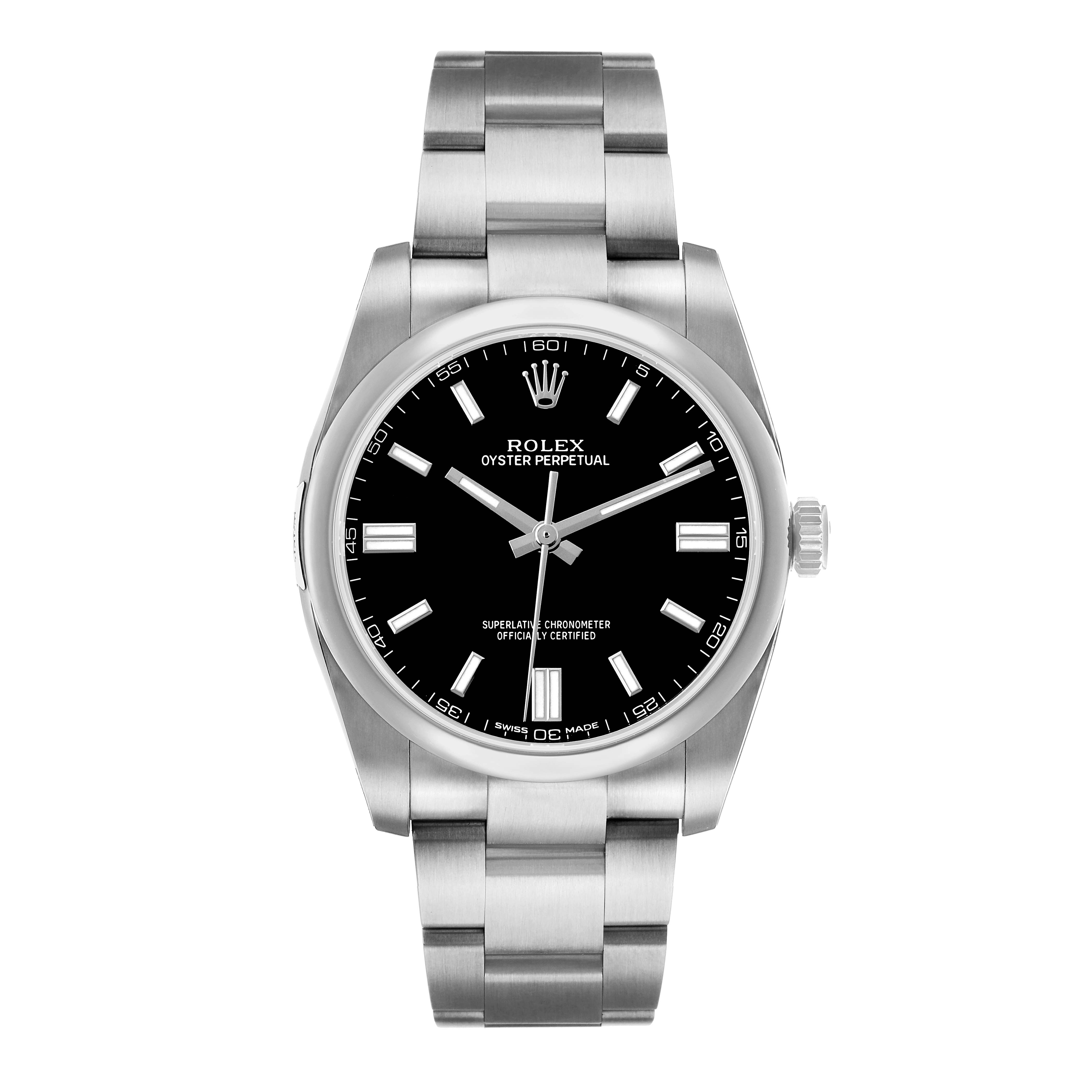 The Rolex Oyster Perpetual 116000 Men's Stainless Steel Black Dial watch is shown from the front with its dial, bezel, and bracelet visible.