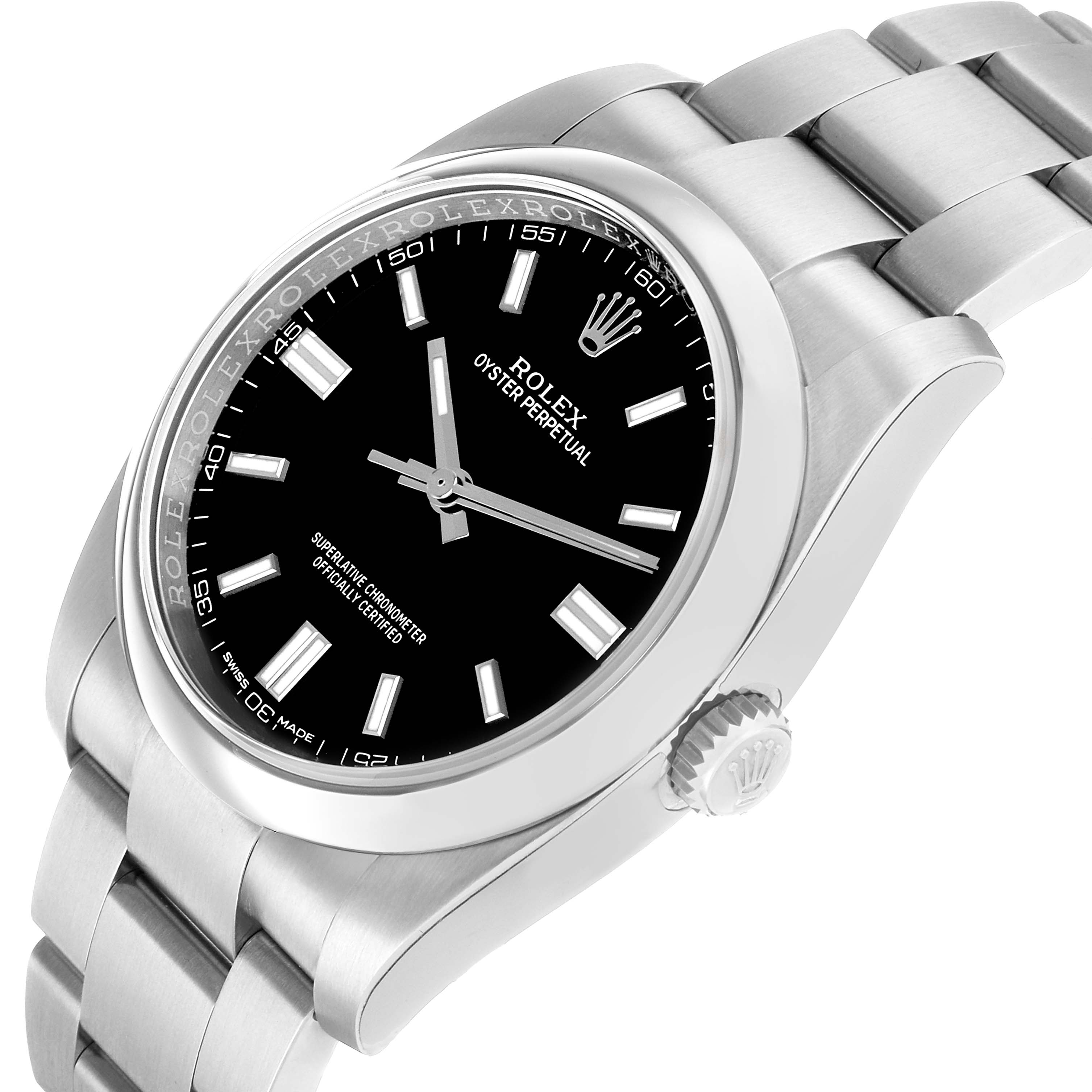The Rolex Oyster Perpetual 116000 Men's Stainless Steel Black Dial watch is shown at a slight side angle, highlighting the dial, bezel, and part of the bracelet.