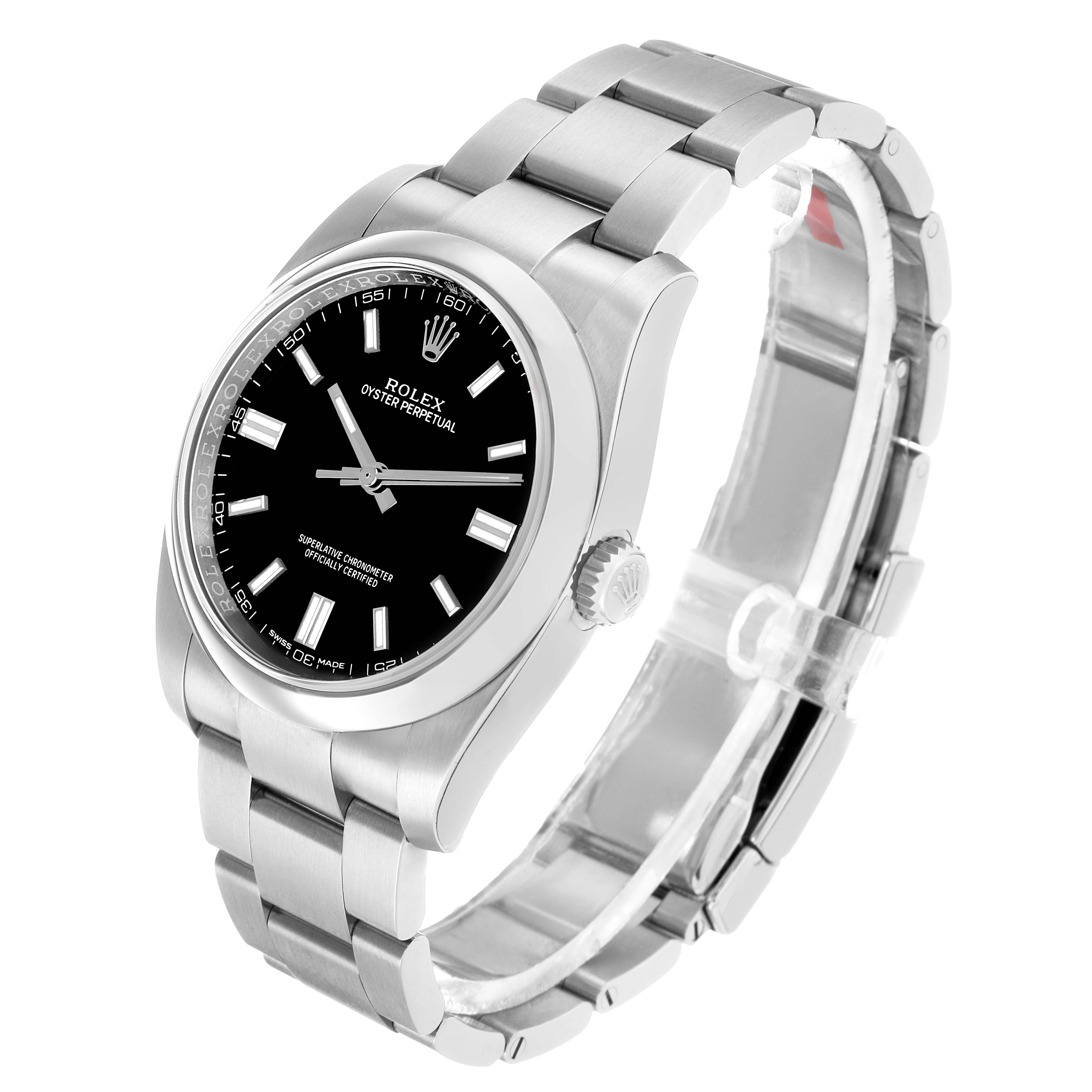 The Rolex Oyster Perpetual 116000 Men's Stainless Steel Black Dial watch is shown in a three-quarter view highlighting the black dial, bezel, crown, and bracelet.