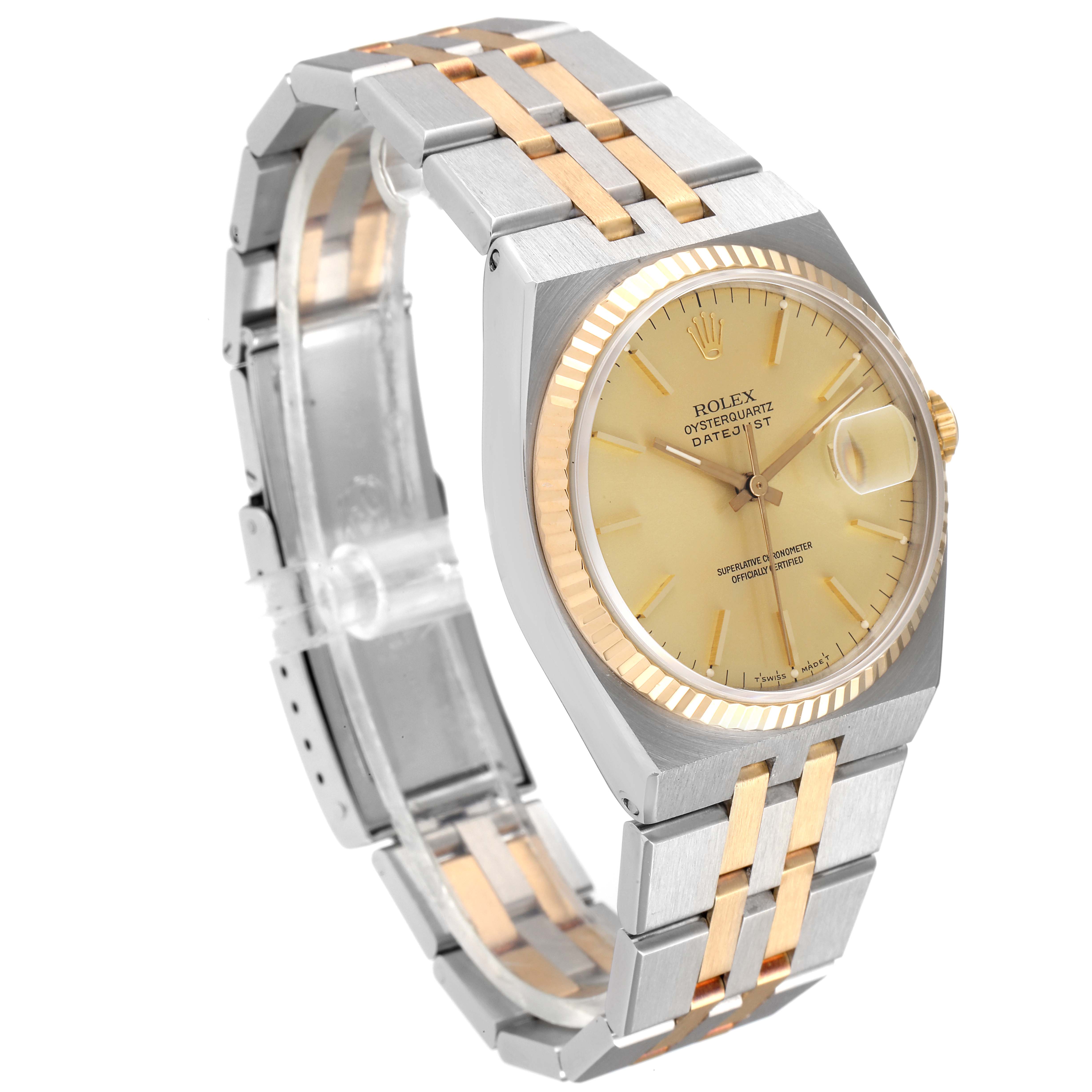 The image shows a Rolex Oysterquartz 17013 Men's Steel and Gold (two tone) Champagne Dial 17013 Men's Steel and Gold (two tone) Champagne Dial watch at a three-quarter angle, displaying the dial, bracelet, and clasp.