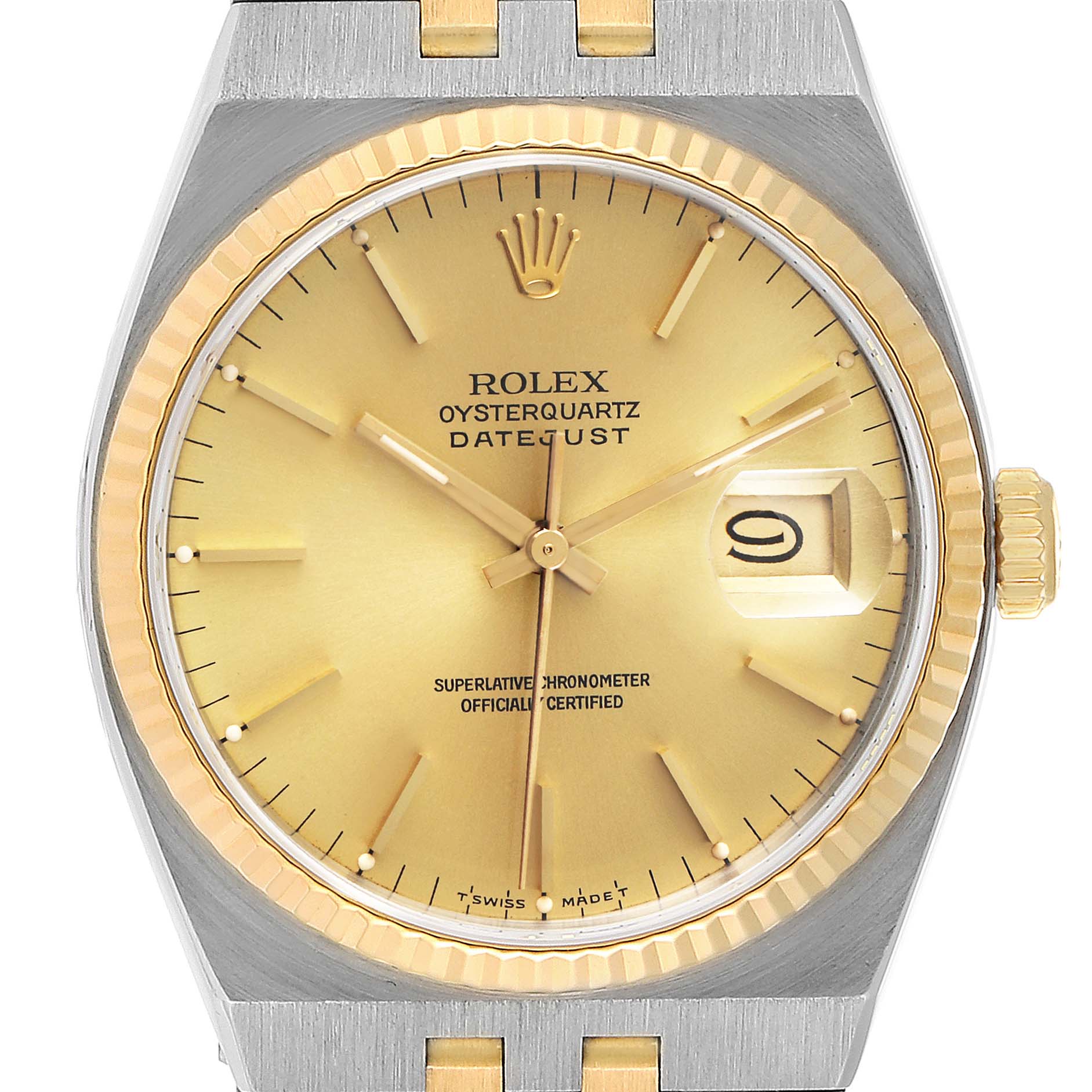 The image shows a close-up, front angle of a Rolex Oysterquartz 17013 Men's Steel and Gold (two tone) Champagne Dial 17013 Men's Steel and Gold (two tone) Champagne Dial watch's dial, bezel, crown, and part of the bracelet.