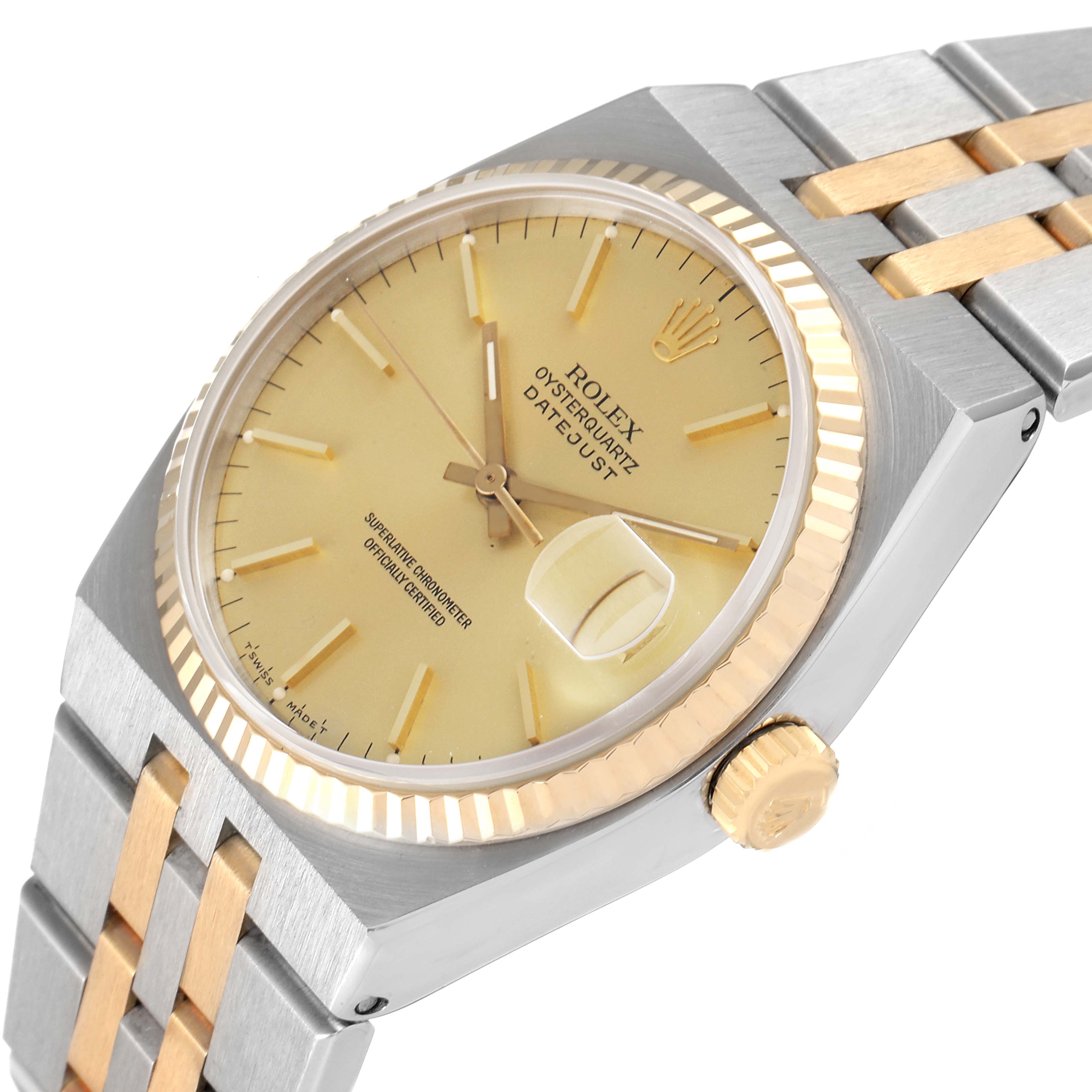 The Rolex Oysterquartz 17013 Men's Steel and Gold (two tone) Champagne Dial 17013 Men's Steel and Gold (two tone) Champagne Dial model is shown at an angle highlighting the watch face, bezel, crown, and part of the bracelet.
