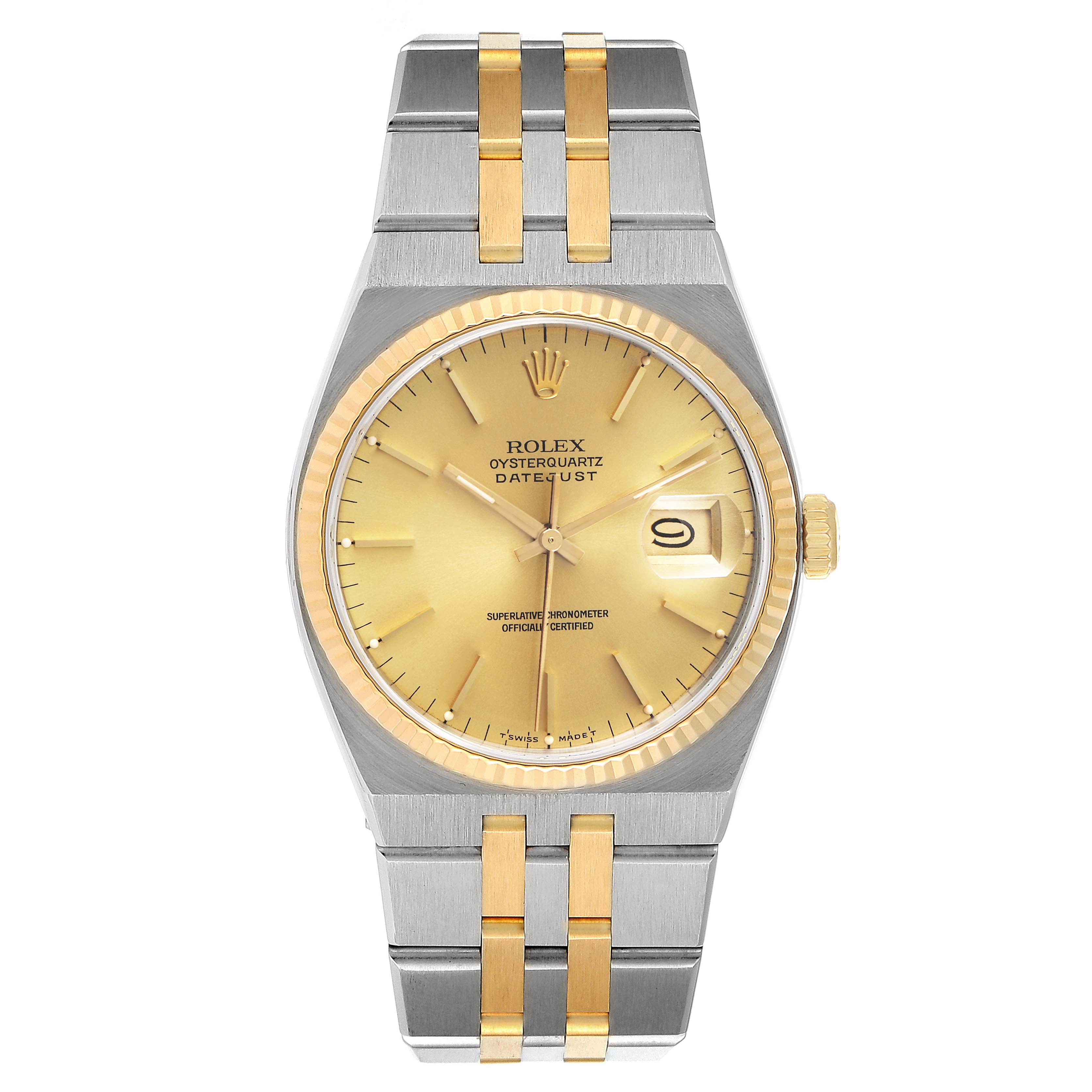 The image shows a Rolex Oysterquartz 17013 Men's Steel and Gold (two tone) Champagne Dial 17013 Men's Steel and Gold (two tone) Champagne Dial Datejust watch from a front angle, highlighting the dial, bracelet, and bezel.
