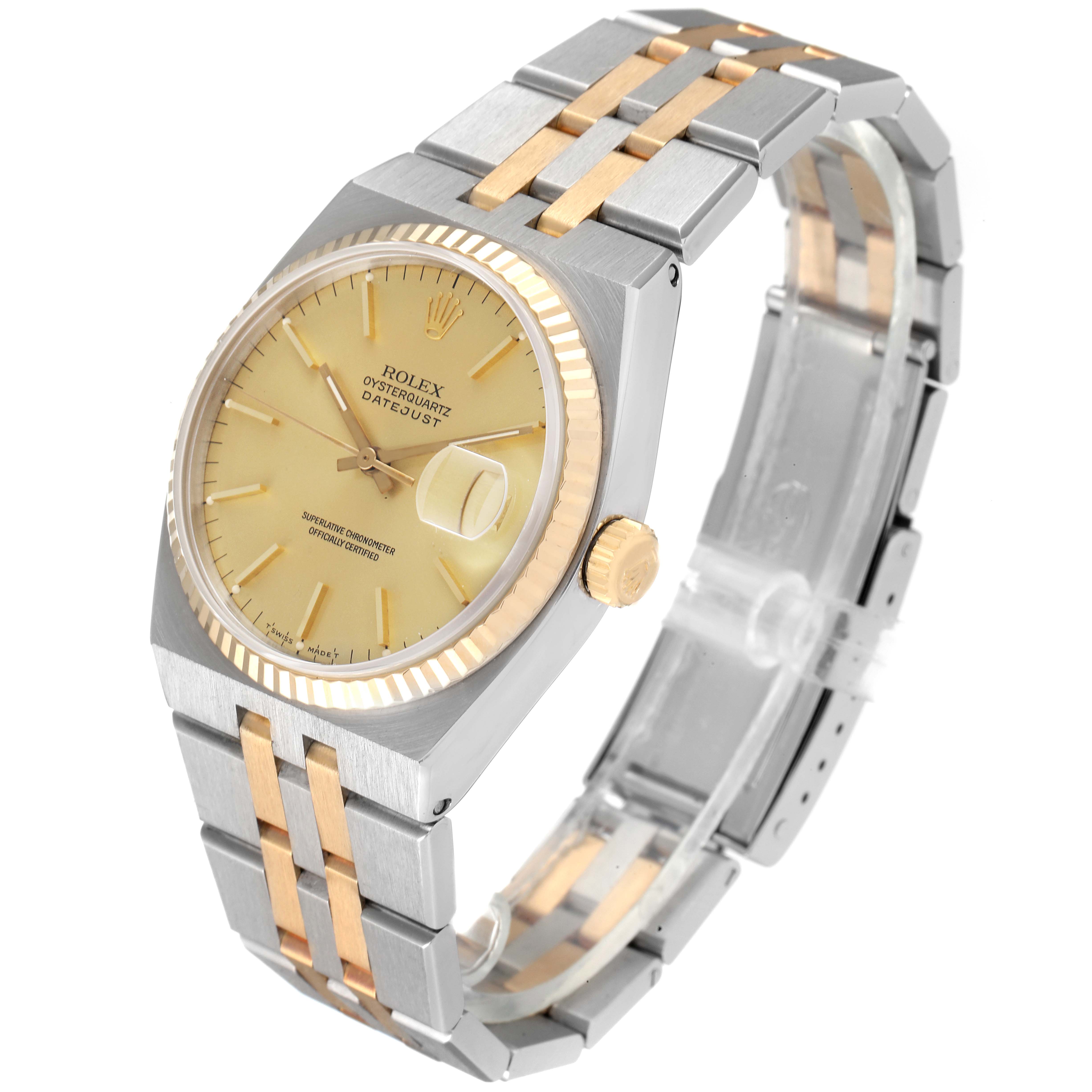 This image shows a Rolex Oysterquartz 17013 Men's Steel and Gold (two tone) Champagne Dial 17013 Men's Steel and Gold (two tone) Champagne Dial Datejust watch at an oblique angle, highlighting the dial, bezel, crown, and two-tone bracelet.