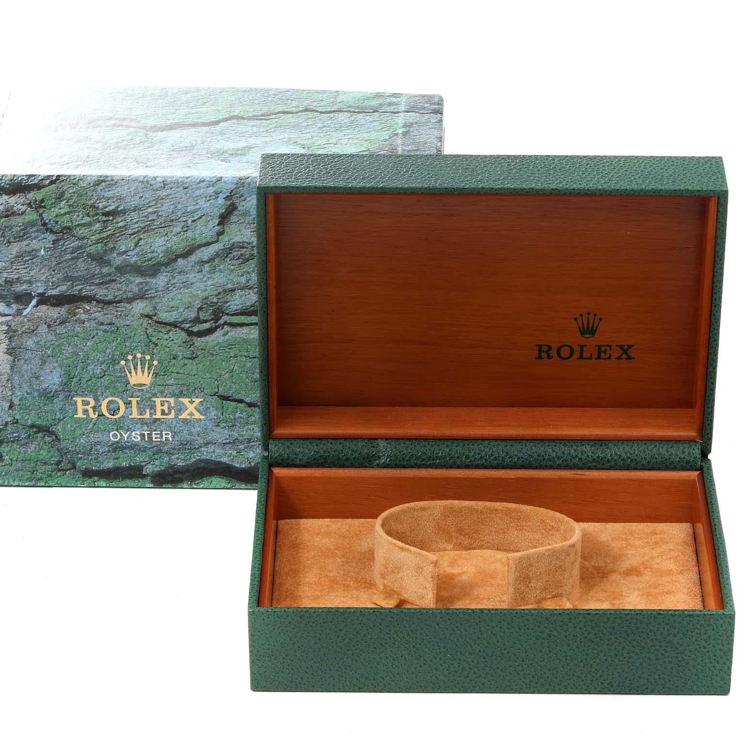 The image shows a green Rolex Oysterquartz 17013 Men's Steel and Gold (two tone) Champagne Dial 17013 Men's Steel and Gold (two tone) Champagne Dial watch box, open to reveal its empty interior and a beige suede watch holder.