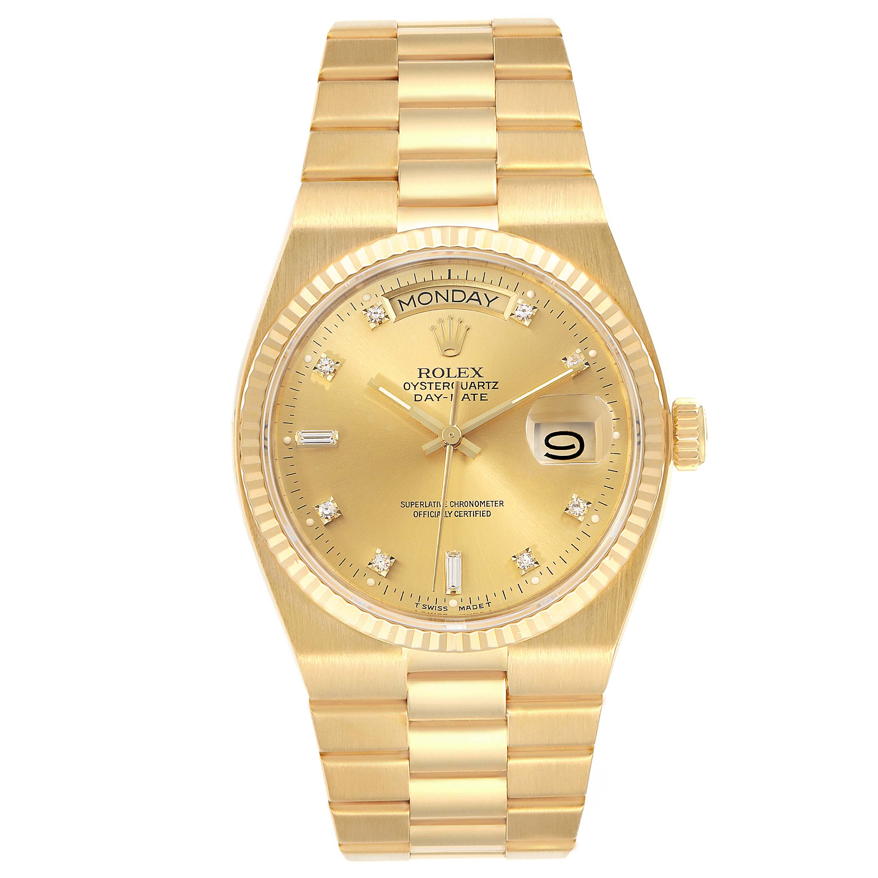 The image shows a frontal view of a gold Rolex Oysterquartz 19018 Men's Yellow Gold Champagne Dial 19018 Men's Yellow Gold Champagne Dial watch, displaying the face, bracelet, and part of the crown.