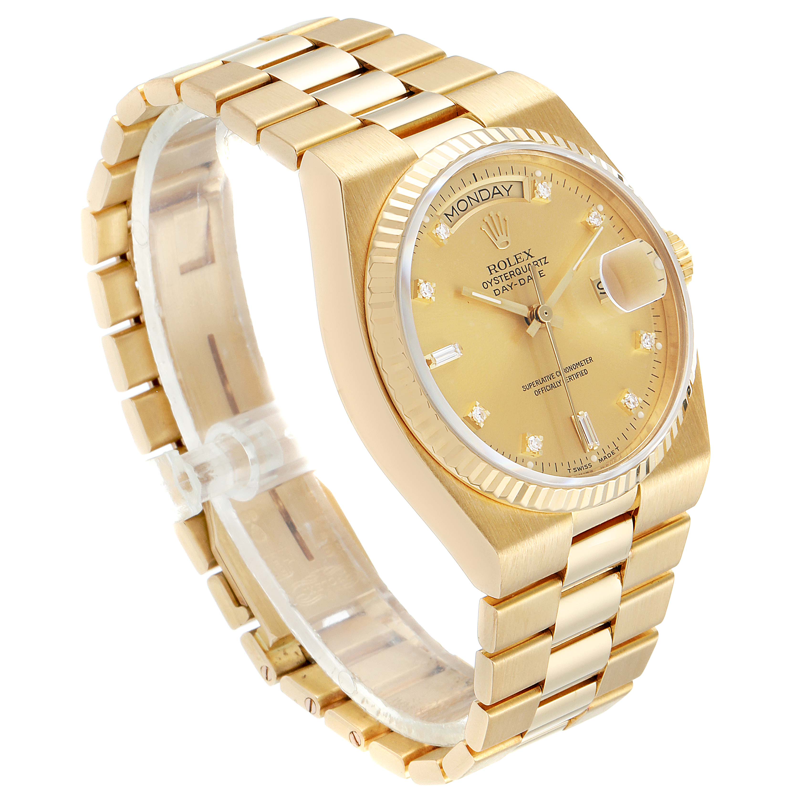 The image shows a side and front angle of the Rolex Oysterquartz 19018 Men's Yellow Gold Champagne Dial 19018 Men's Yellow Gold Champagne Dial model, showcasing its bracelet, dial, and bezel.