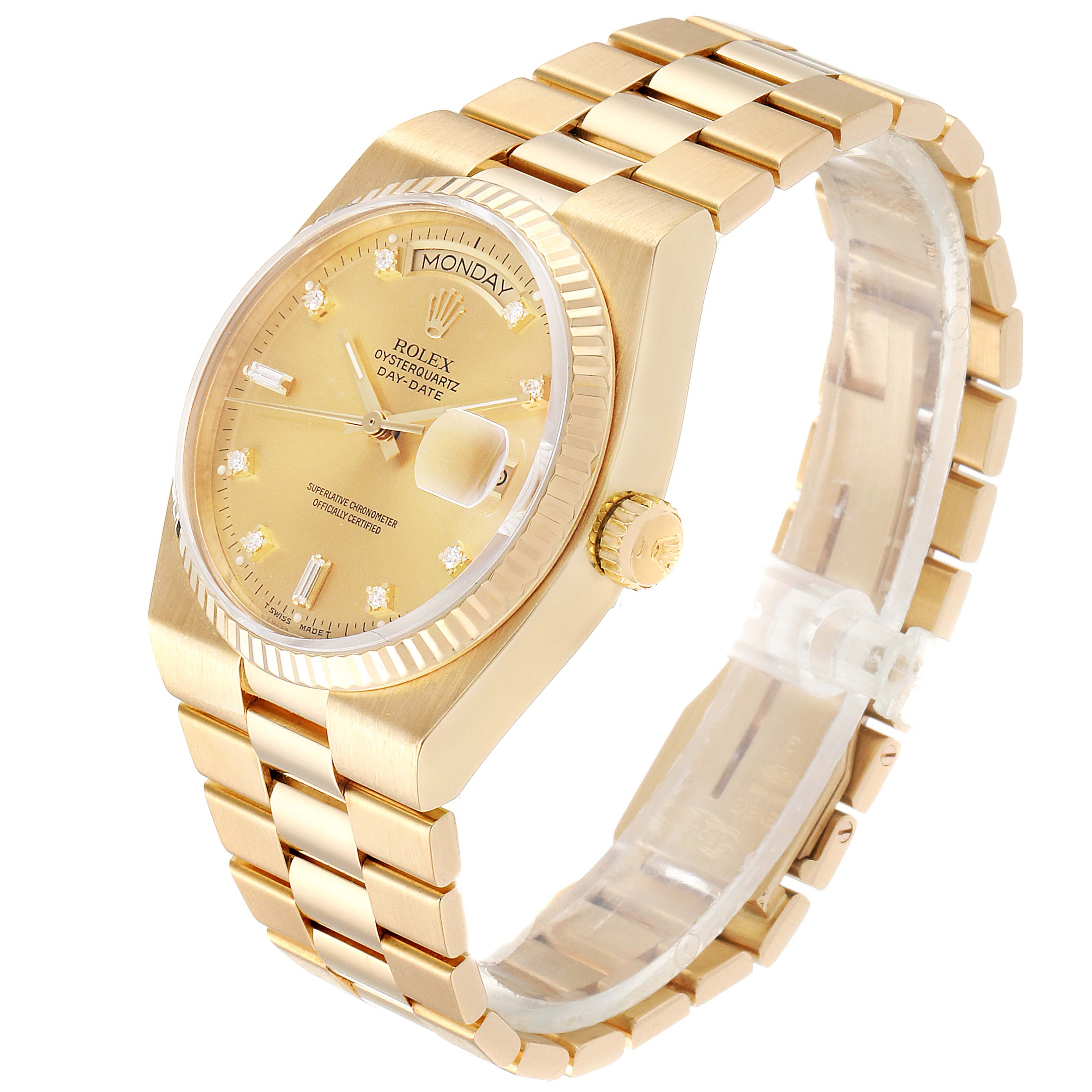 This image shows a side angle of a gold Rolex Oysterquartz 19018 Men's Yellow Gold Champagne Dial 19018 Men's Yellow Gold Champagne Dial Day-Date watch, highlighting its dial, bracelet, and crown.