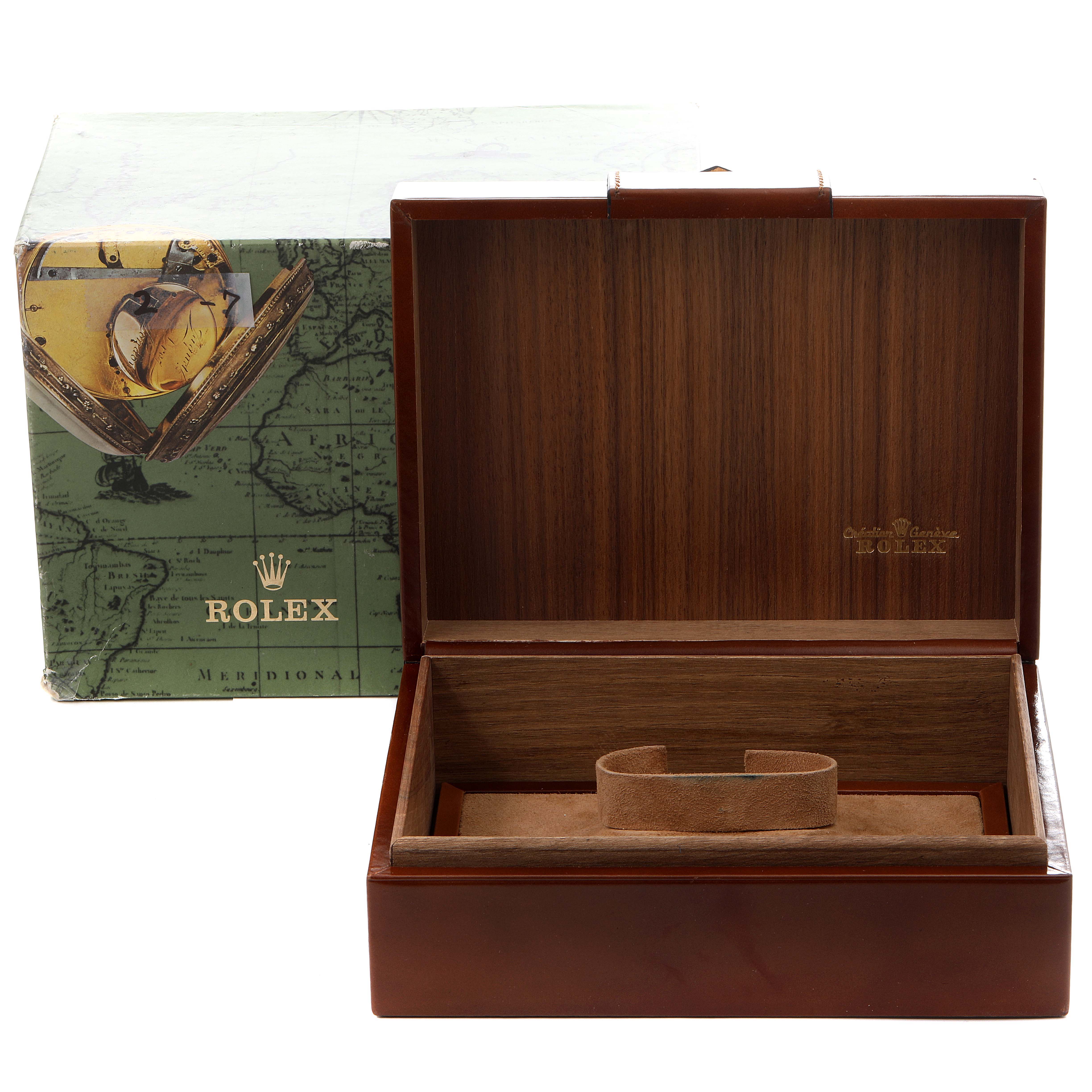 An open Rolex Oysterquartz 19018 Men's Yellow Gold Champagne Dial 19018 Men's Yellow Gold Champagne Dial watch box is shown from the front, with the outer packaging visible behind.