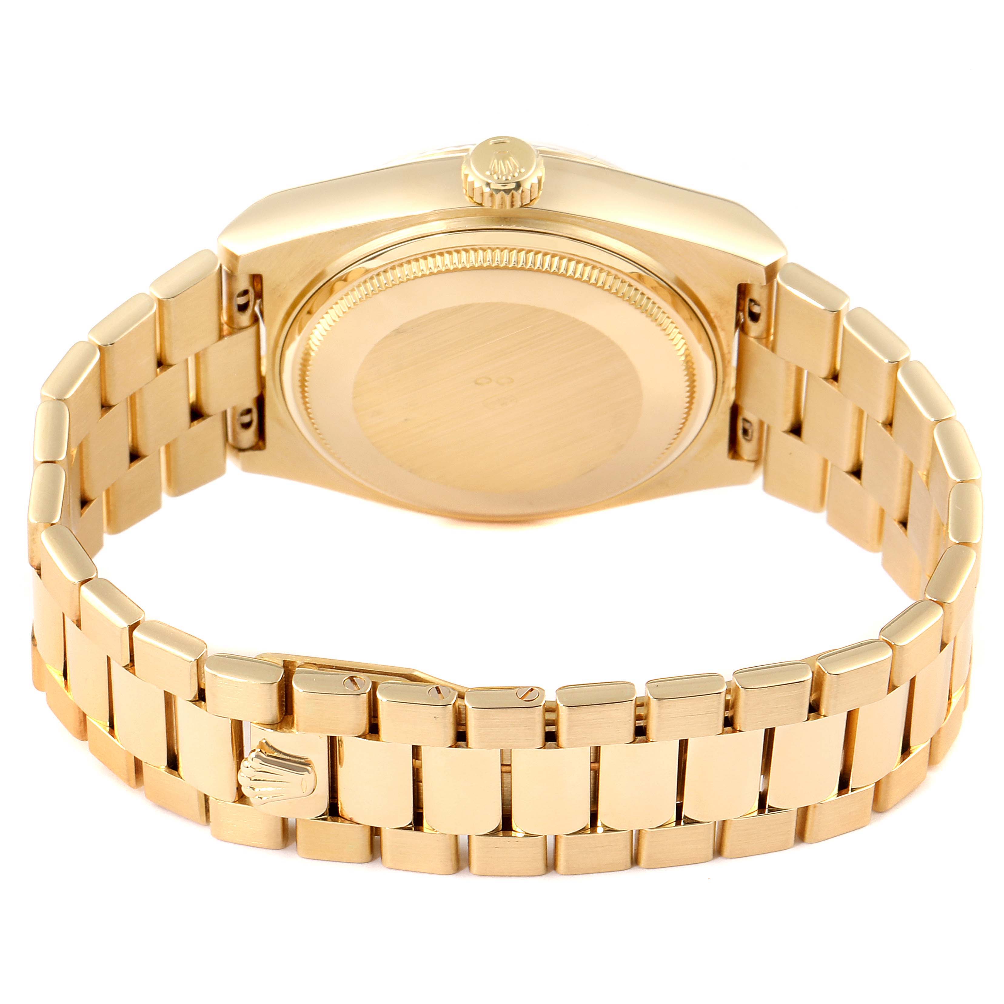 This image shows the back and bracelet of a Rolex Oysterquartz 19018 Men's Yellow Gold Champagne Dial 19018 Men's Yellow Gold Champagne Dial watch from a rear angle.