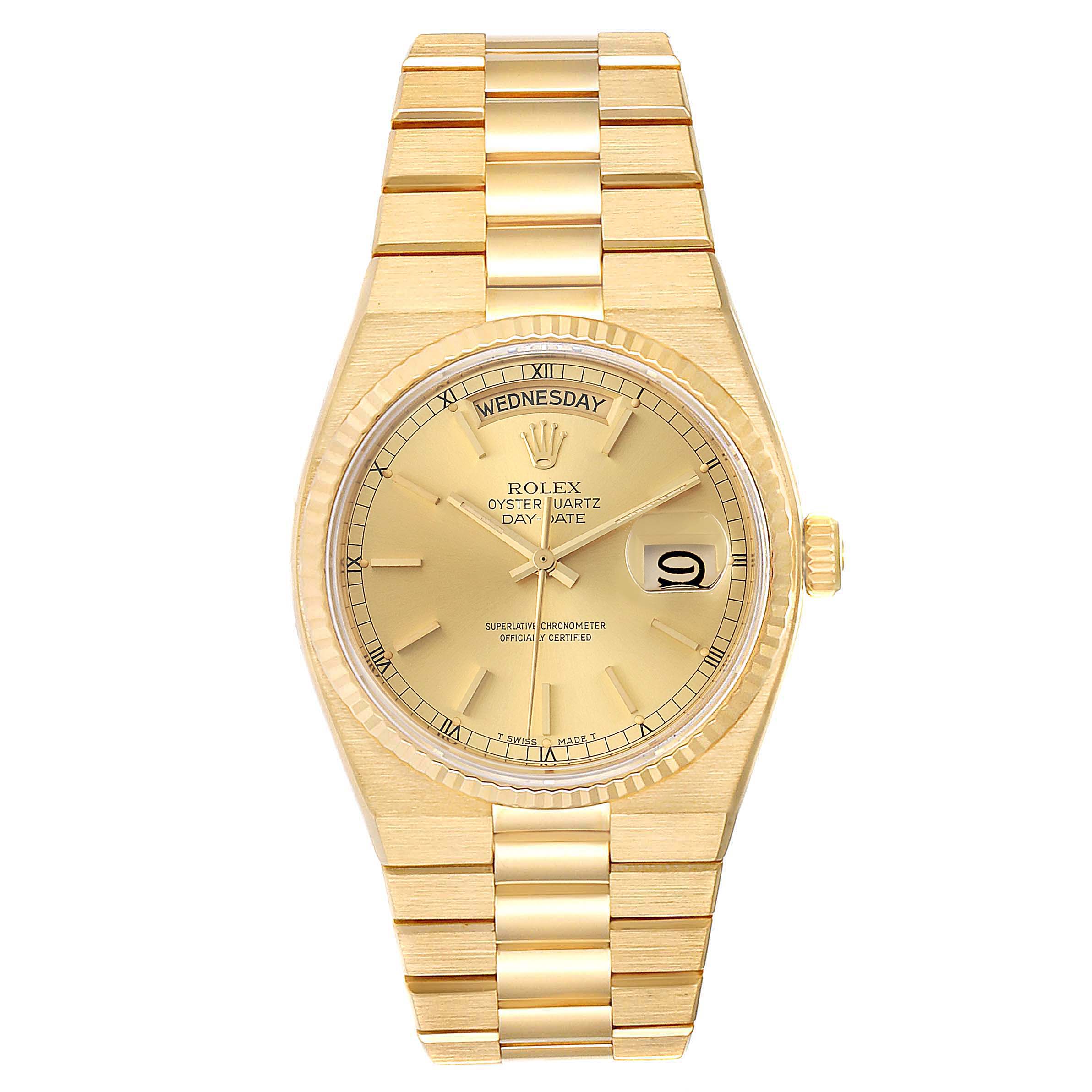 The image shows a front-facing view of a Rolex Oysterquartz 19018 Men's Yellow Gold Champagne Dial 19018 Men's Yellow Gold Champagne Dial watch, highlighting its gold bracelet, dial, and crown.