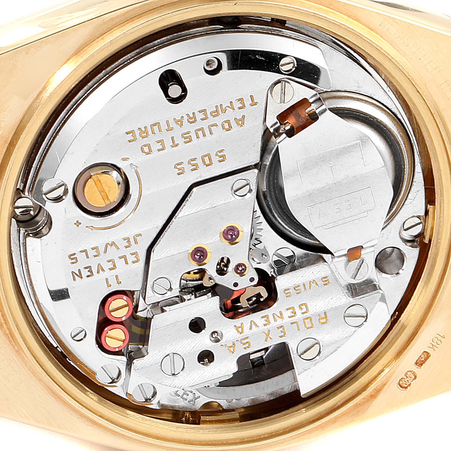 This image shows the internal mechanism of the Rolex Oysterquartz 19018 Men's Yellow Gold Champagne Dial 19018 Men's Yellow Gold Champagne Dial model viewed from the back.