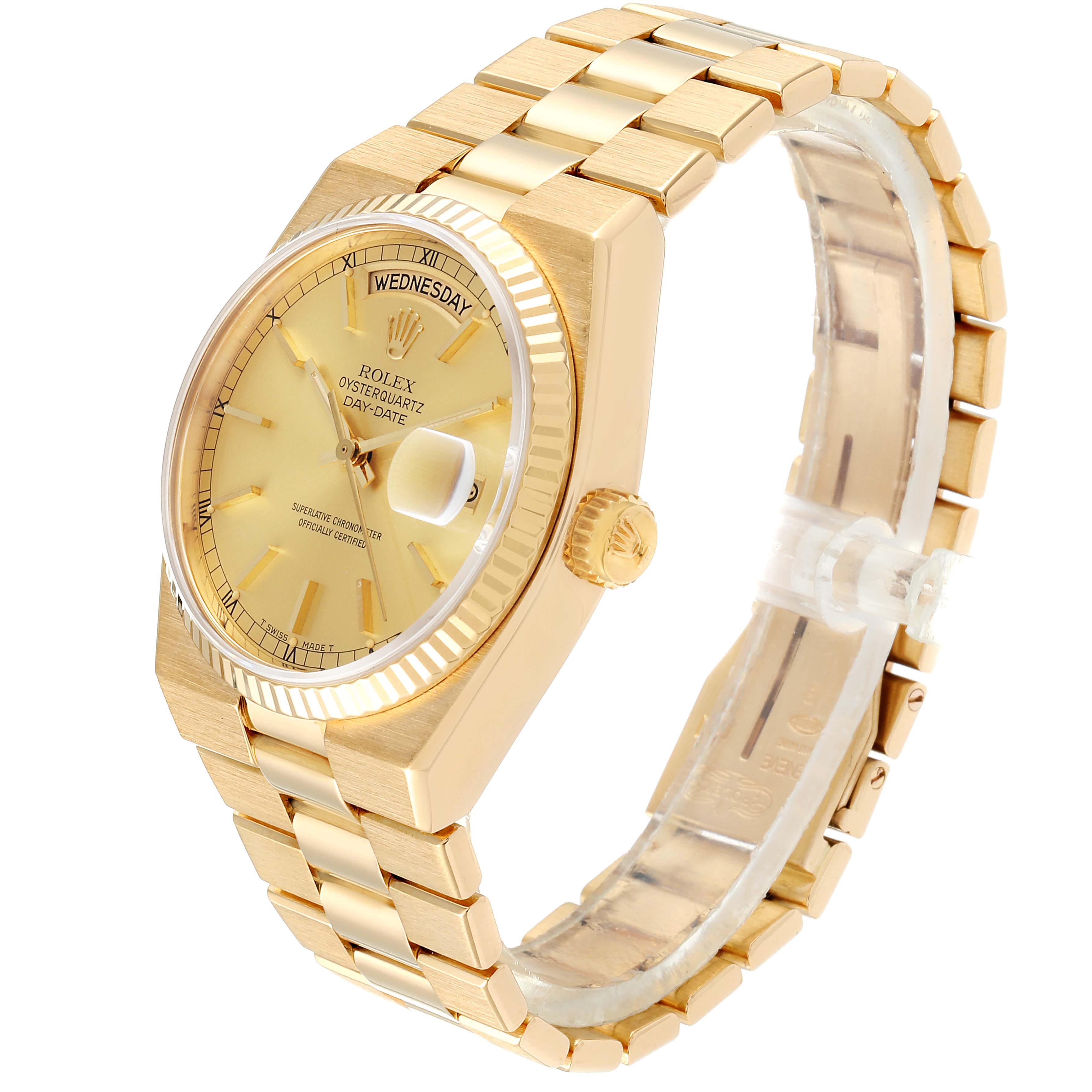 The image shows a side-angle view of a Rolex Oysterquartz 19018 Men's Yellow Gold Champagne Dial 19018 Men's Yellow Gold Champagne Dial watch, highlighting the dial, bracelet, and crown.