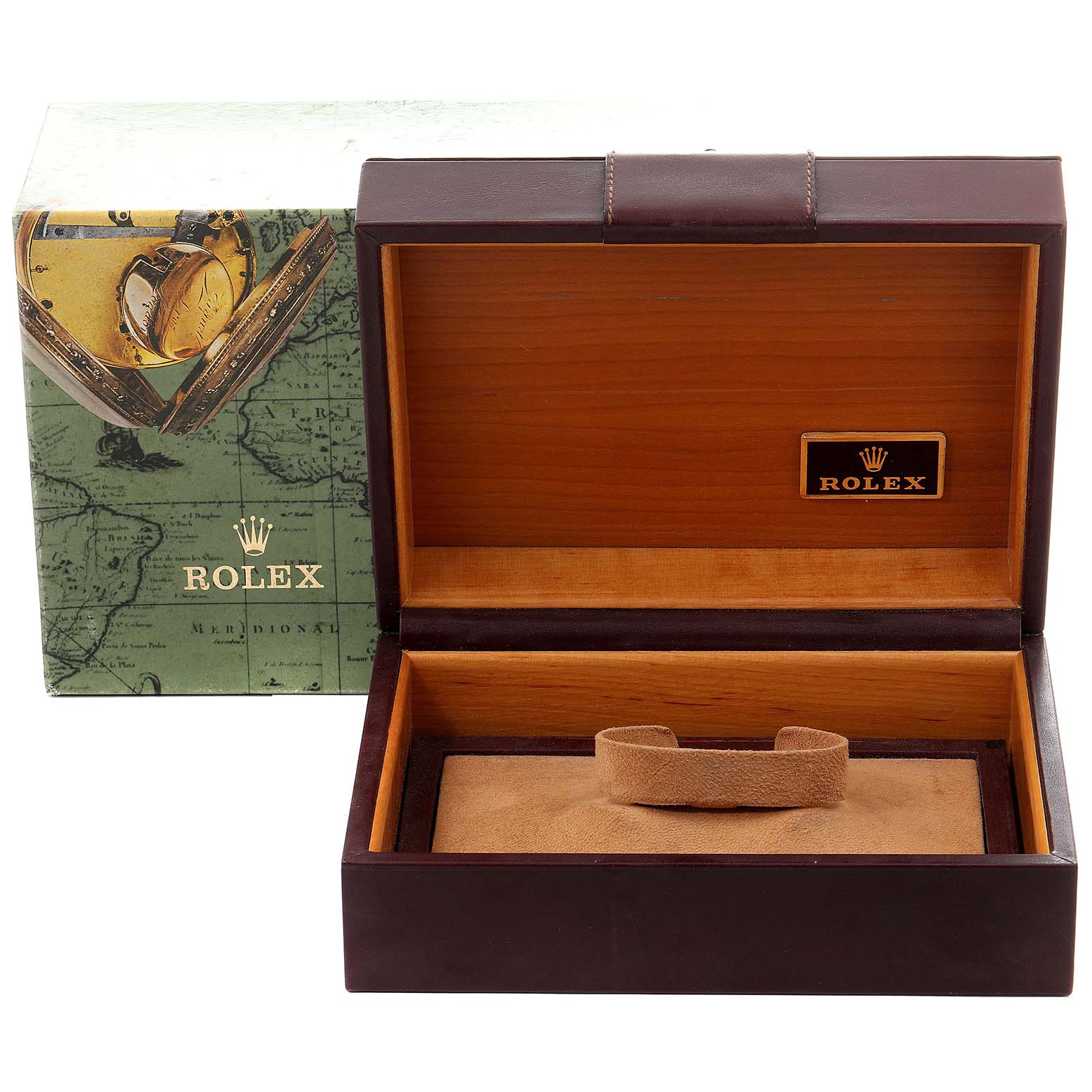 The image shows a Rolex Oysterquartz 19018 Men's Yellow Gold Champagne Dial 19018 Men's Yellow Gold Champagne Dial model watch box and its outer packaging, both angled to display their interiors.