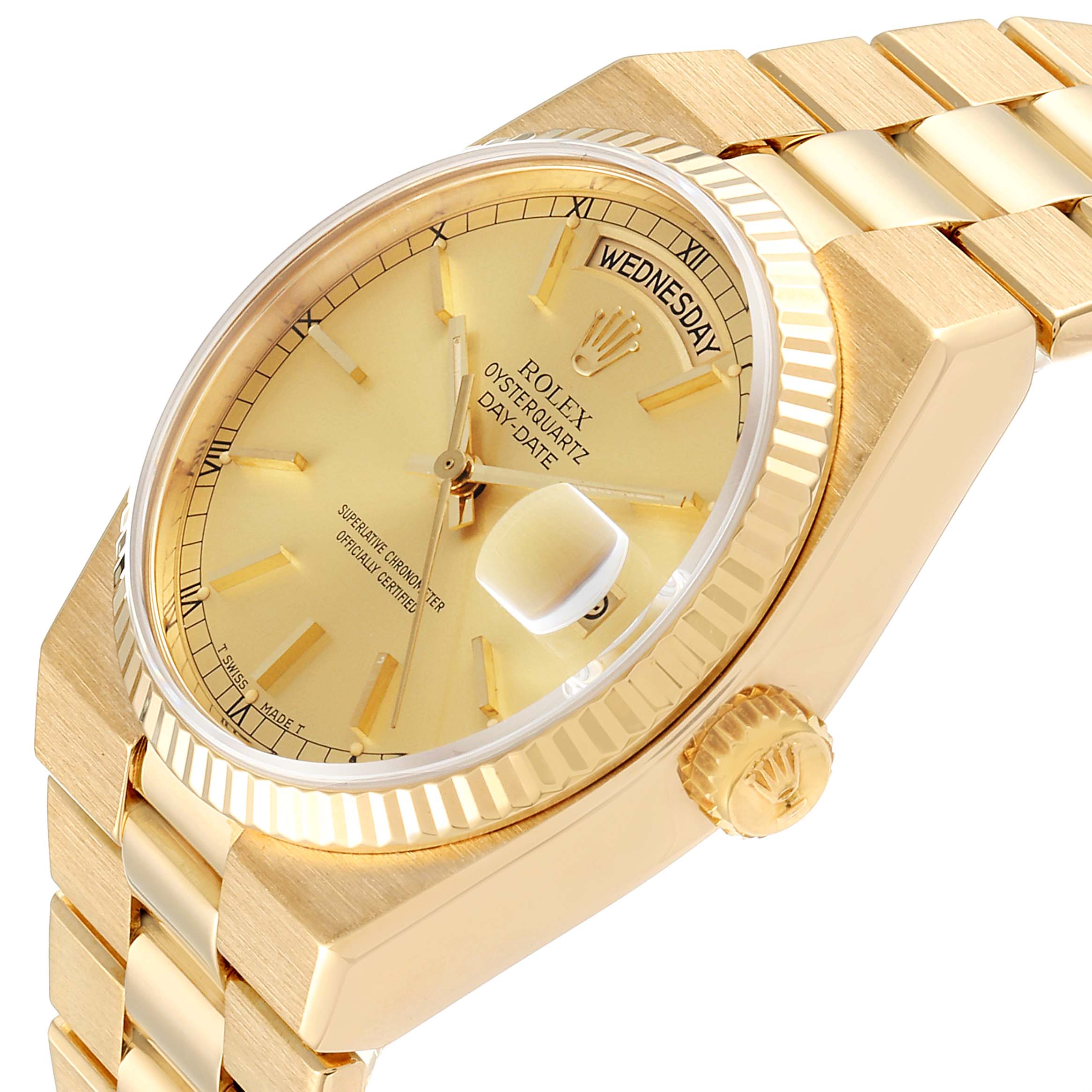 This image shows a Rolex Oysterquartz 19018 Men's Yellow Gold Champagne Dial 19018 Men's Yellow Gold Champagne Dial watch at an oblique angle, focusing on the dial, case, crown, and bracelet.