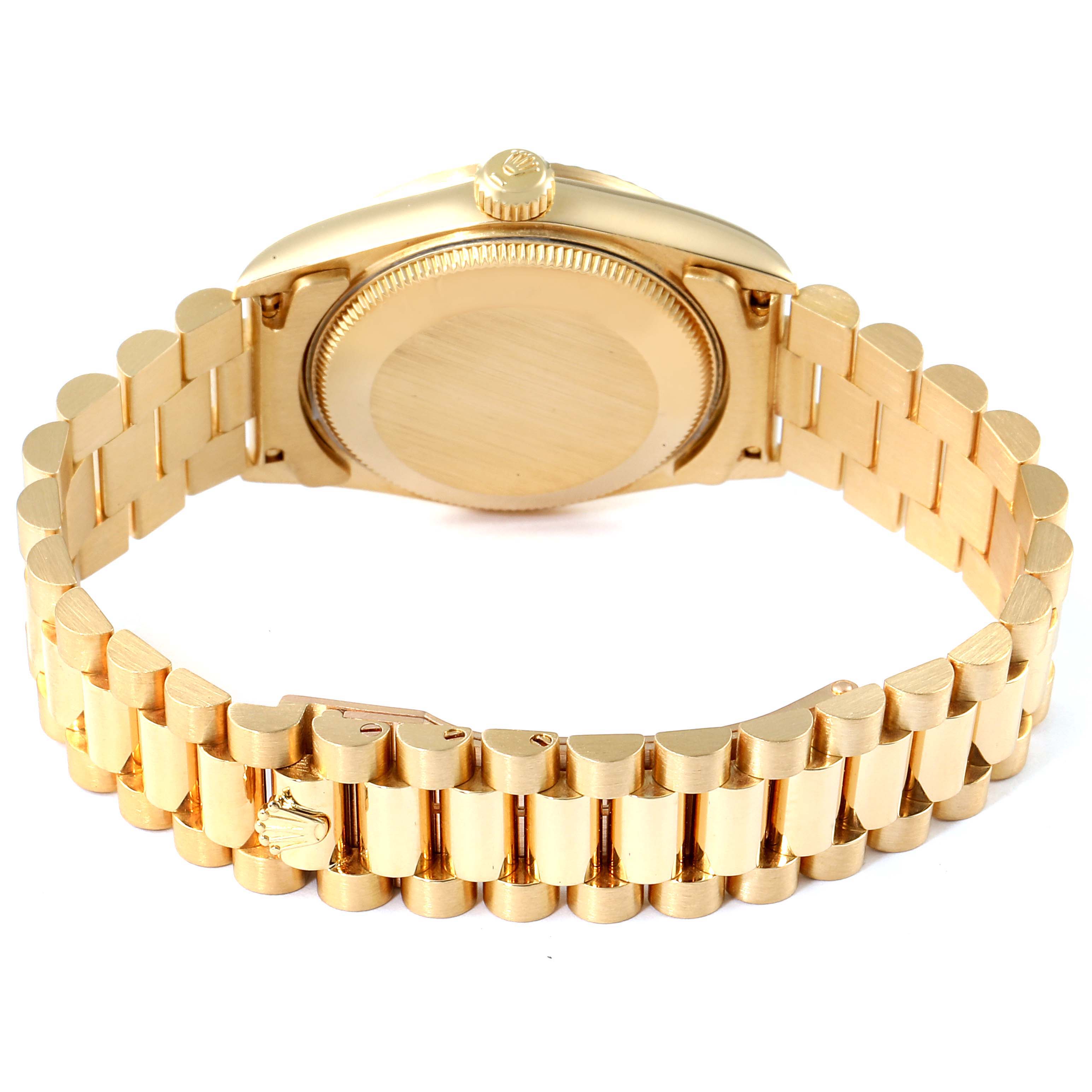 The image shows the back view and bracelet of the Rolex President 68278 Women
s Yellow Gold Champagne Dial 68278 Women
s Yellow Gold Champagne Dial model watch.
