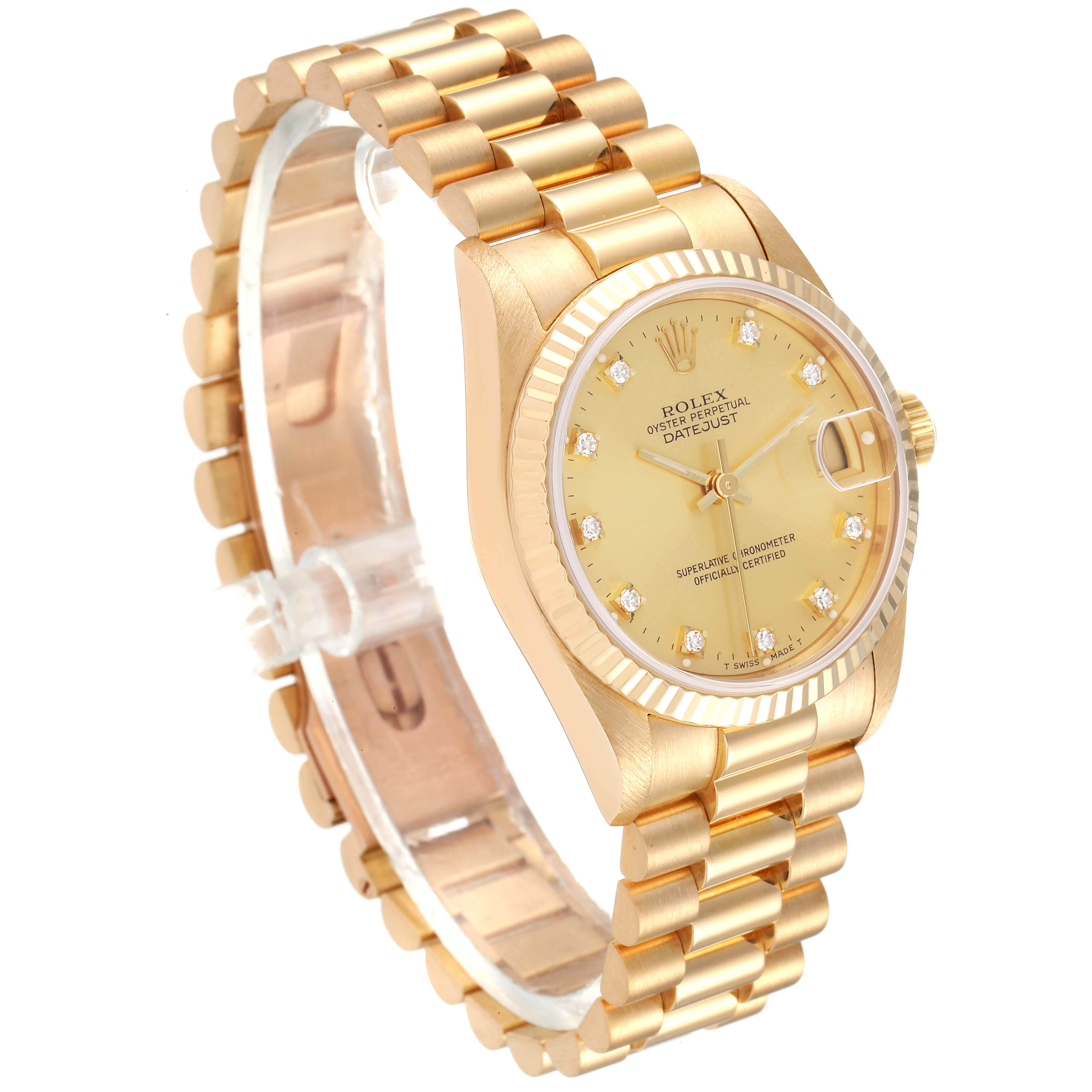 The image shows a Rolex President 68278 Women
s Yellow Gold Champagne Dial 68278 Women
s Yellow Gold Champagne Dial model watch at a three-quarter angle, highlighting the bracelet, dial, and case.