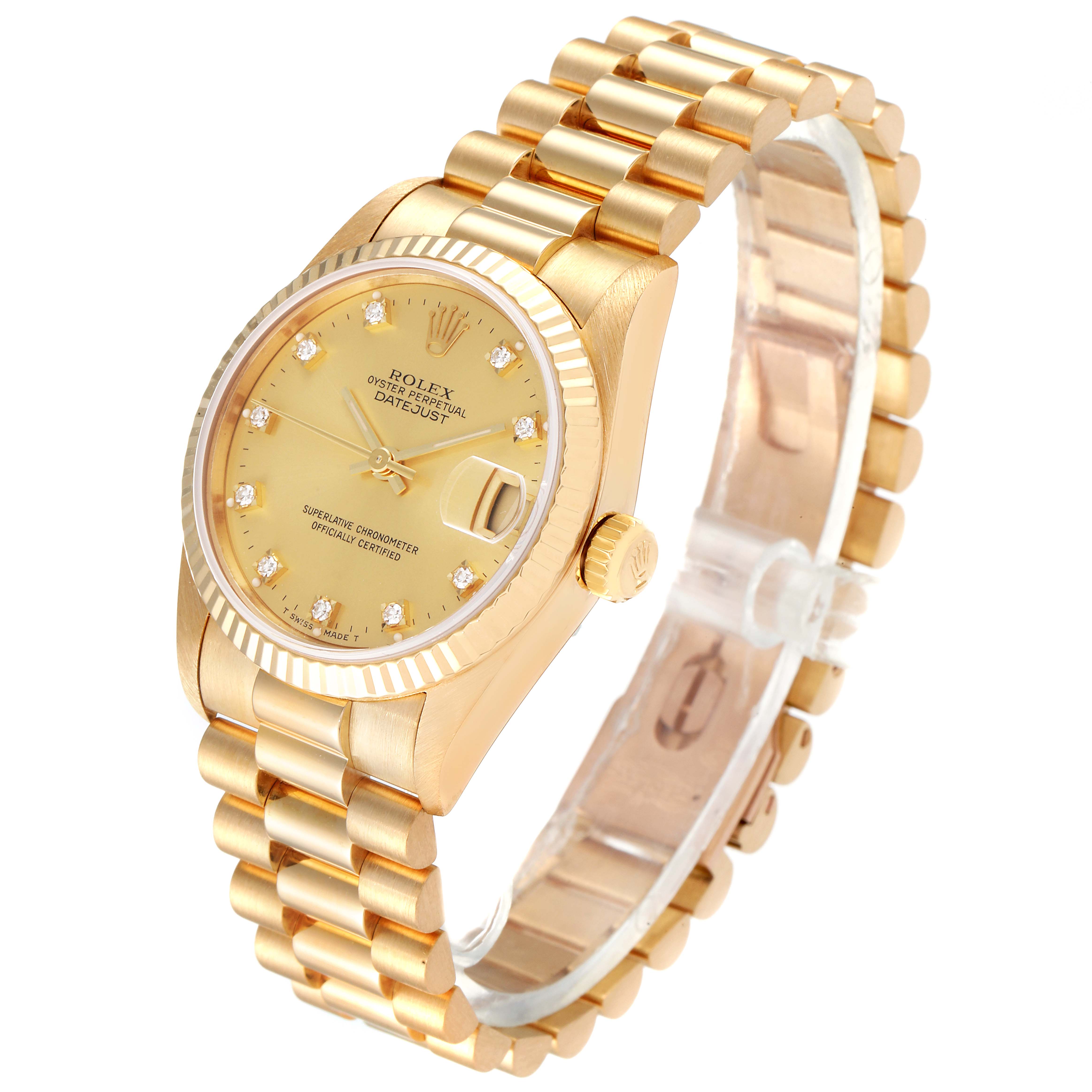 The image shows a side angle of the gold Rolex President 68278 Women
s Yellow Gold Champagne Dial 68278 Women
s Yellow Gold Champagne Dial model watch with its bracelet, crown, and dial visible.