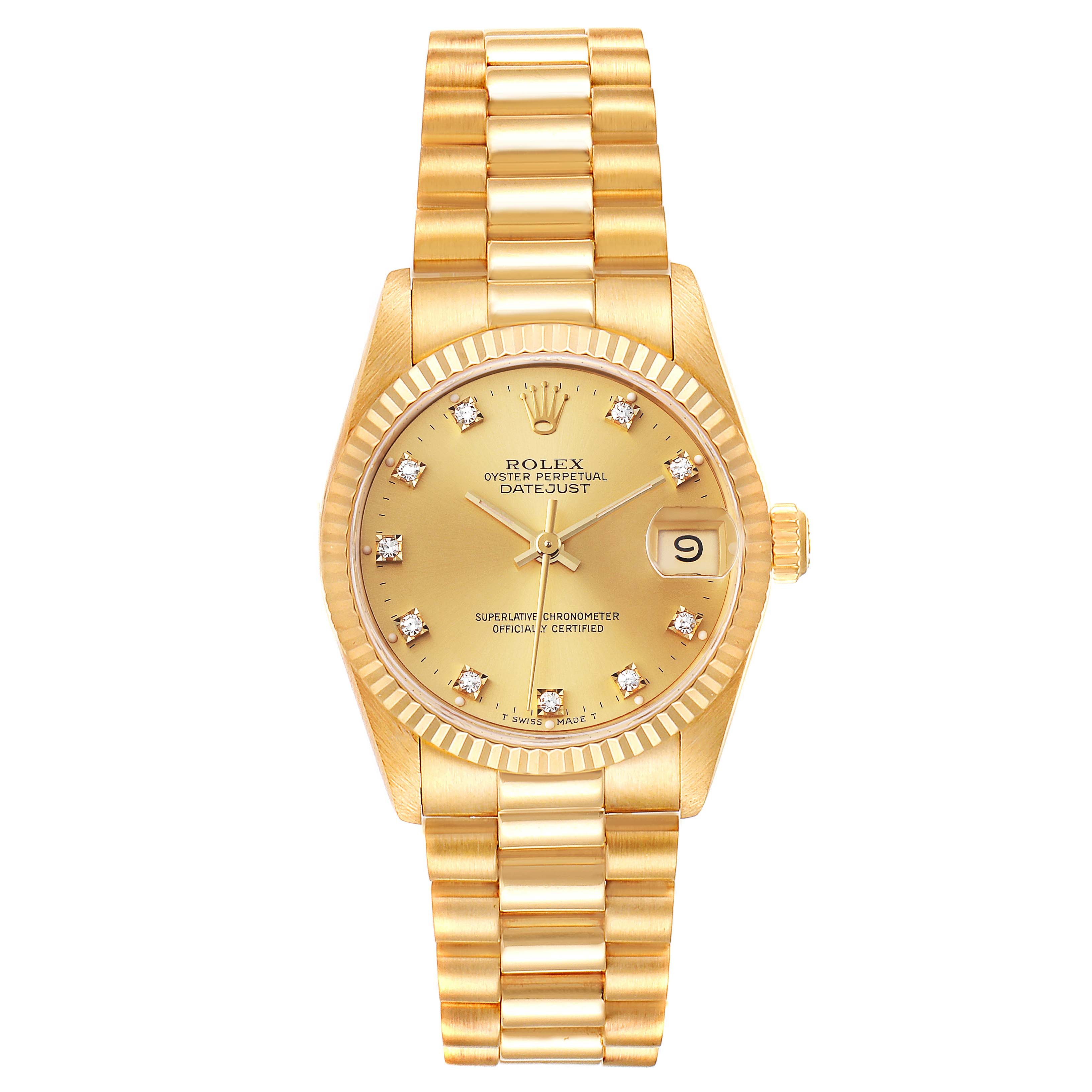 The image shows a front view of a Rolex President 68278 Women
s Yellow Gold Champagne Dial 68278 Women
s Yellow Gold Champagne Dial model watch, displaying the gold dial, jubilee bracelet, date window, and diamond hour markers.