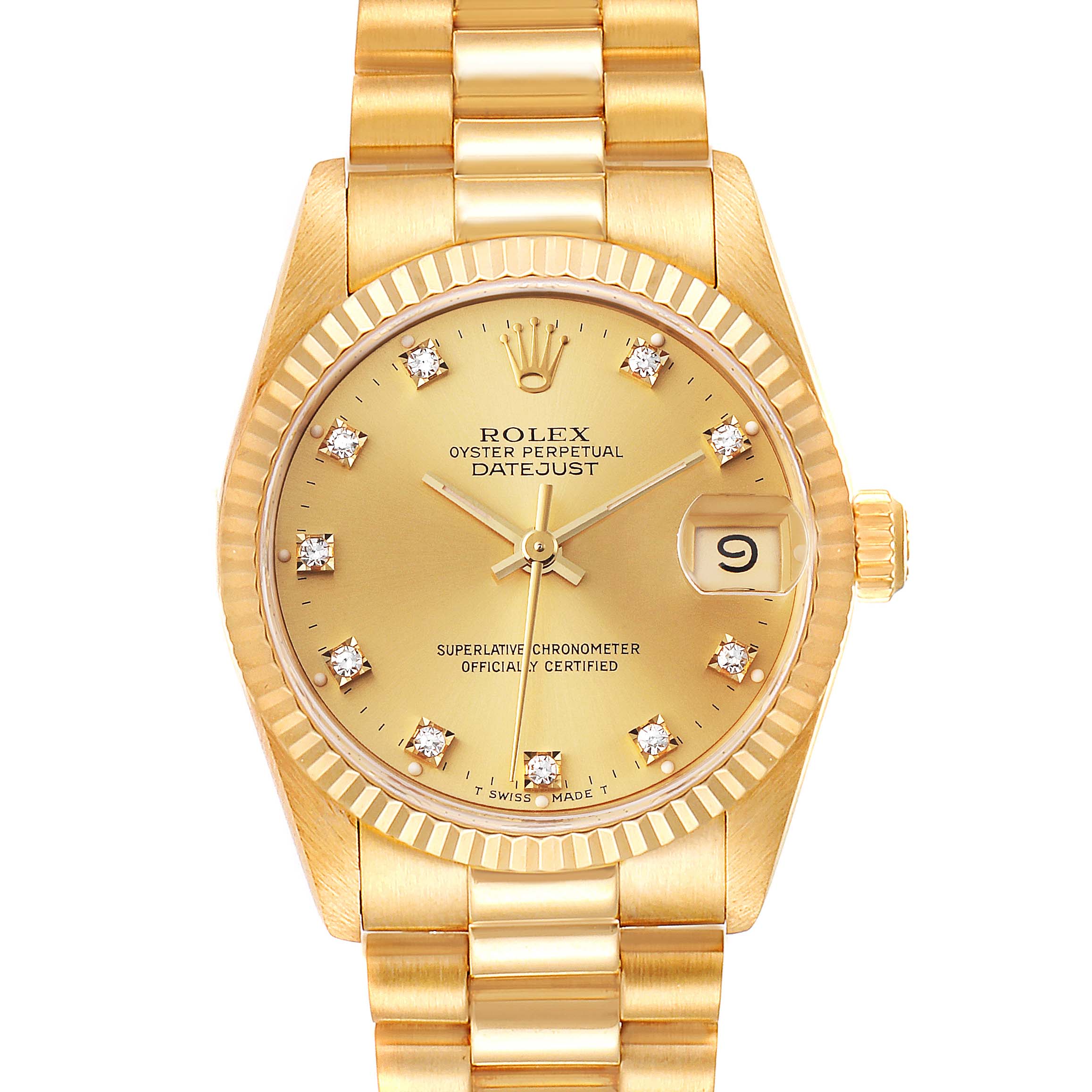 This image shows a front view of a Rolex President 68278 Women
s Yellow Gold Champagne Dial 68278 Women
s Yellow Gold Champagne Dial model watch, displaying the face, bezel, and bracelet.