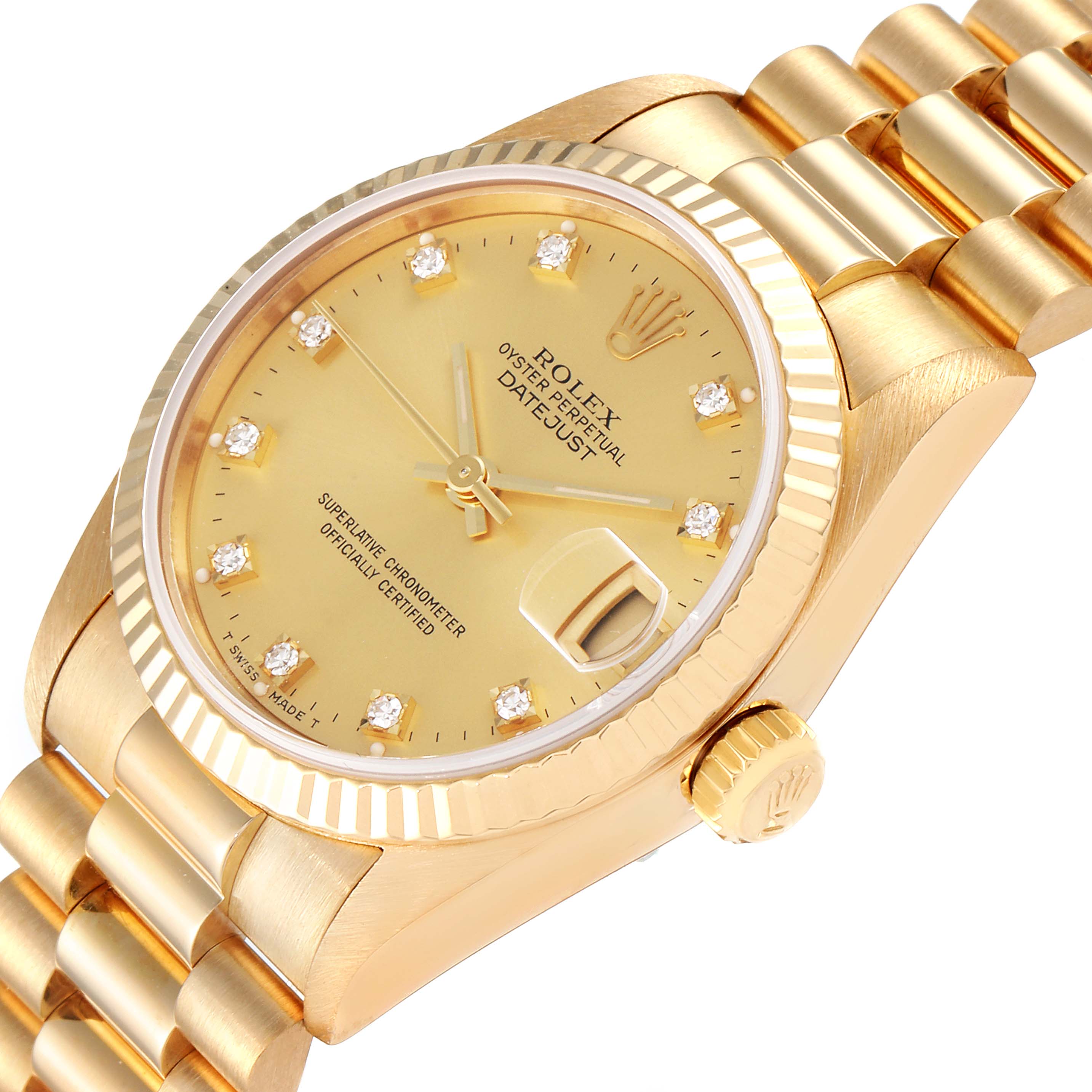 The Rolex President 68278 Women
s Yellow Gold Champagne Dial 68278 Women
s Yellow Gold Champagne Dial model watch is shown at an oblique angle, highlighting the dial, fluted bezel, and bracelet.