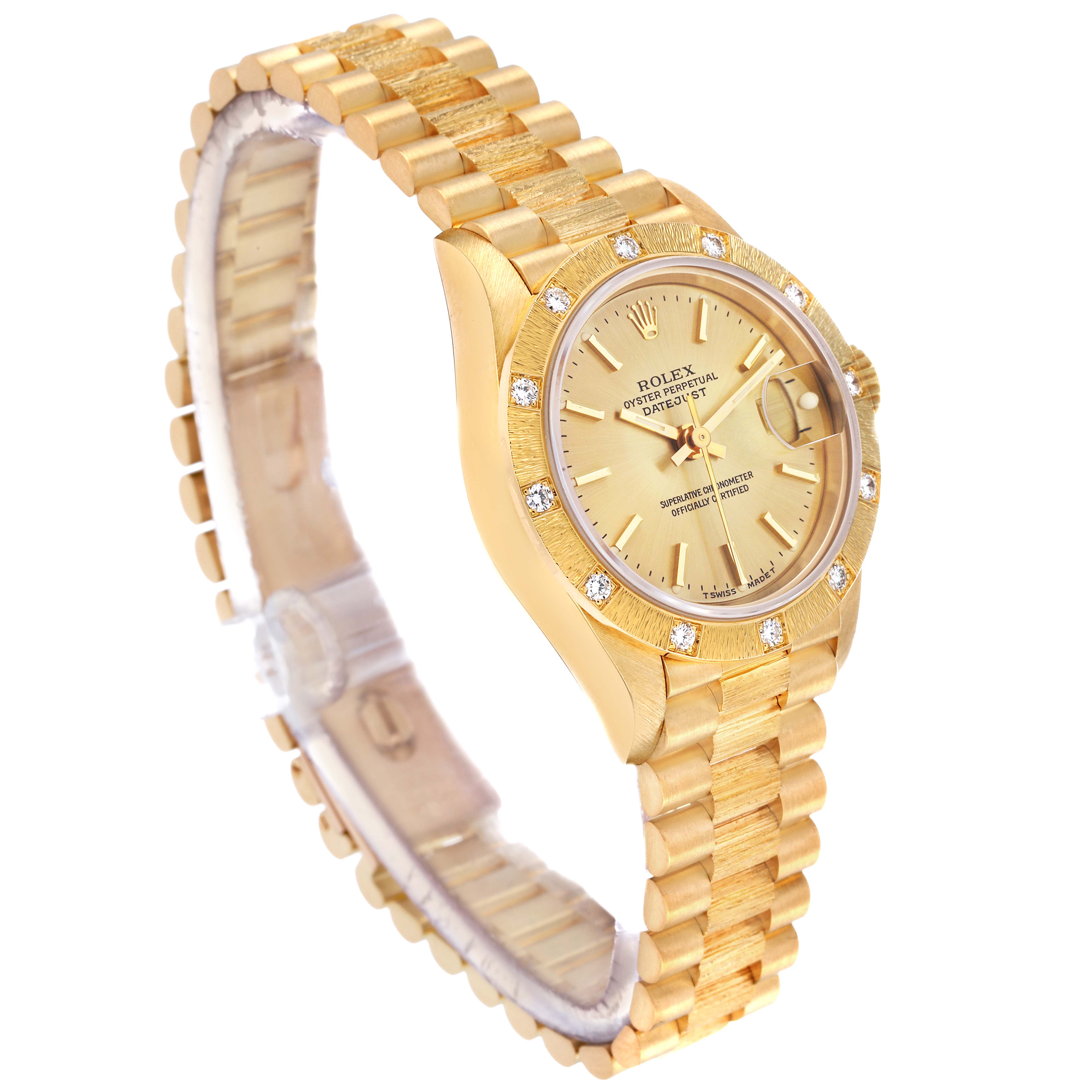 The Rolex President 69288 Women's Yellow Gold Champagne Dial watch is shown at an angled side view, highlighting the gold bracelet, dial, and diamond bezel.