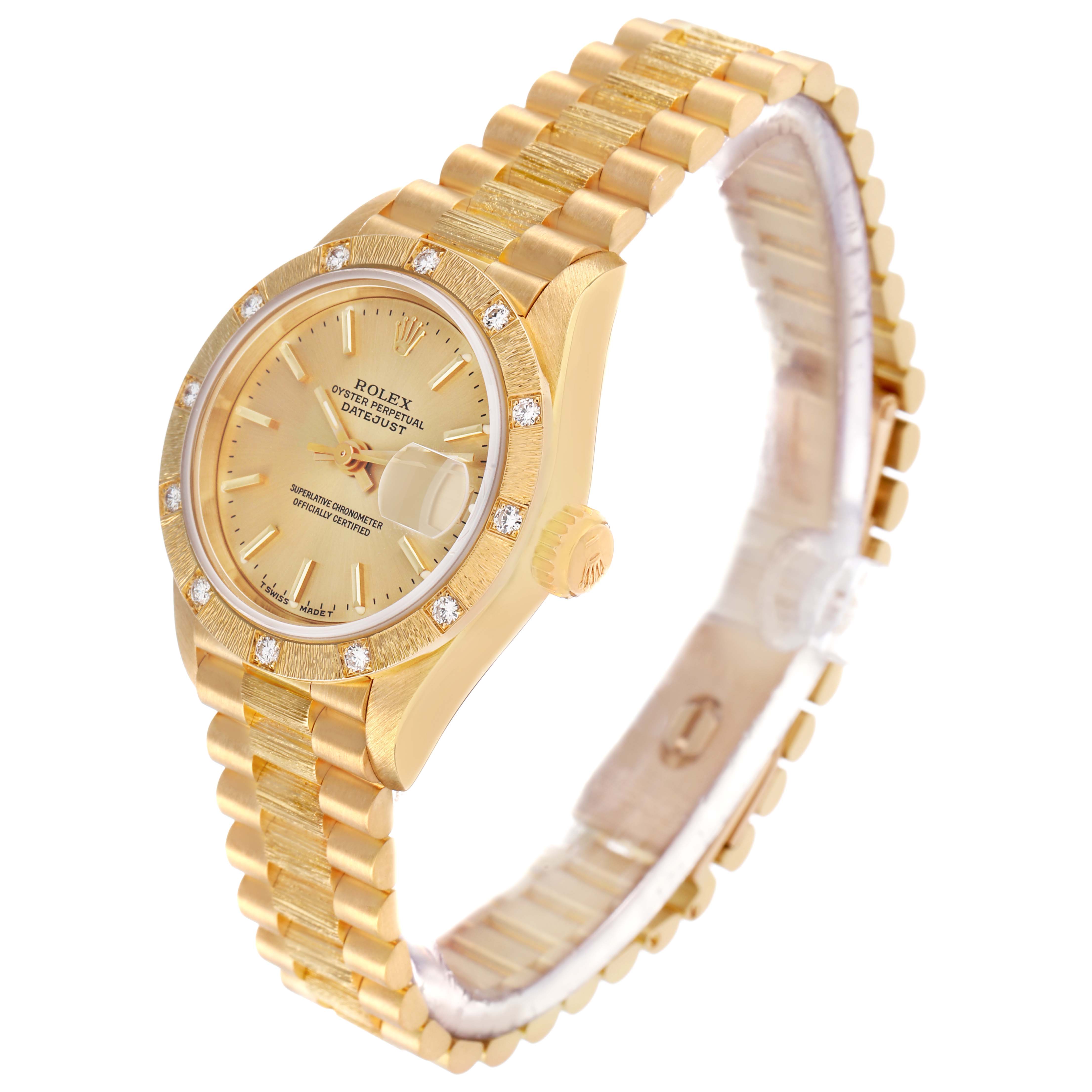 The Rolex President 69288 Women's Yellow Gold Champagne Dial watch is shown at a three-quarter angle displaying the bracelet, dial, bezel, and crown.