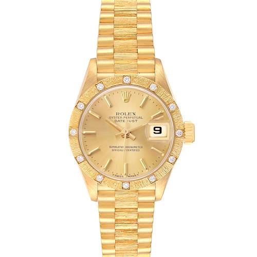 The Rolex President 69288 Women's Yellow Gold Champagne Dial model watch is shown from the front, displaying its gold dial, bezel with diamonds, and bracelet.