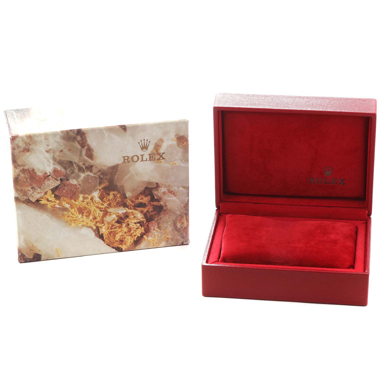 The image shows a Rolex President 69288 Women's Yellow Gold Champagne Dial model watch box and booklet, angled to display the box's interior and cover.