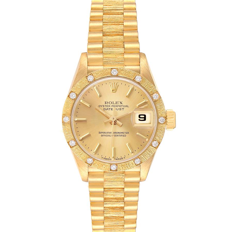 The Rolex President 69288 Women's Yellow Gold Champagne Dial model is shown from a top-down angle, featuring the dial, bezel with diamonds, crown, and bracelet.