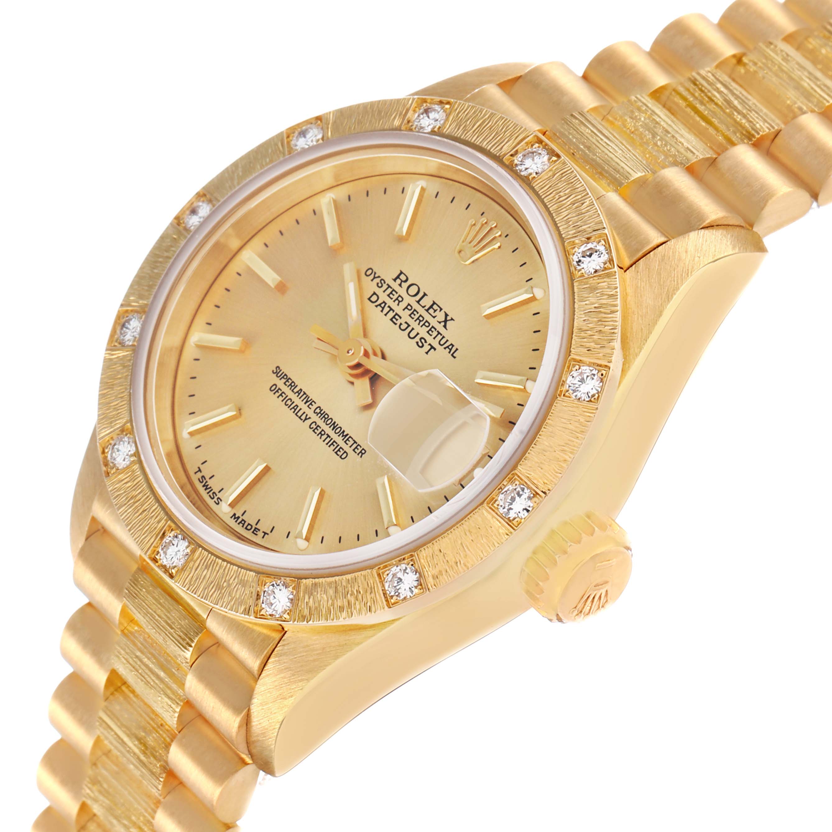 The Rolex President 69288 Women's Yellow Gold Champagne Dial model is shown at an angled view, highlighting the gold dial, diamond-set bezel, and bracelet.