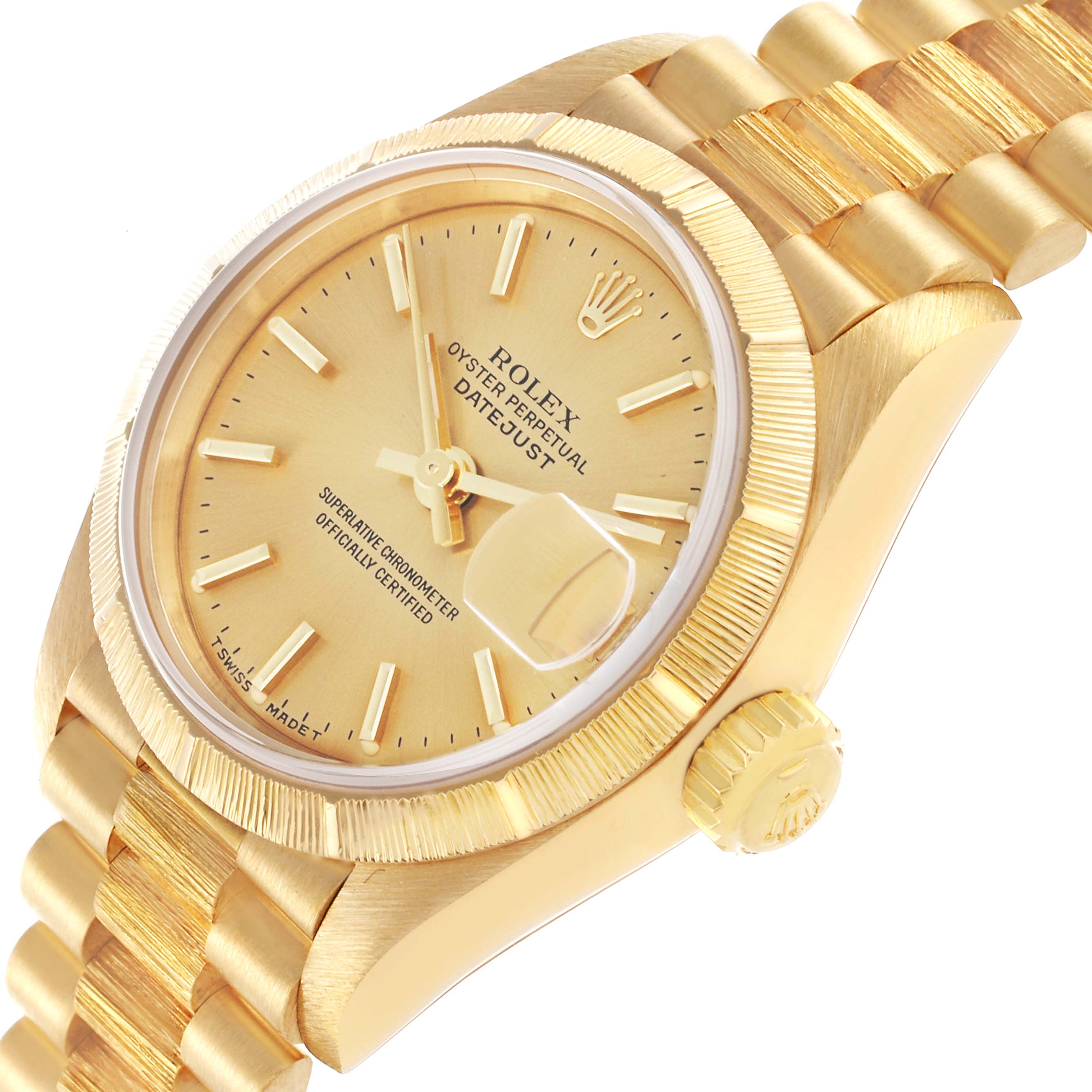 The Rolex President 69278 Women's Yellow Gold Champagne Dial 69278 Women's Yellow Gold Champagne Dial model is shown at an angled view highlighting the dial, case, bezel, crown, and bracelet.