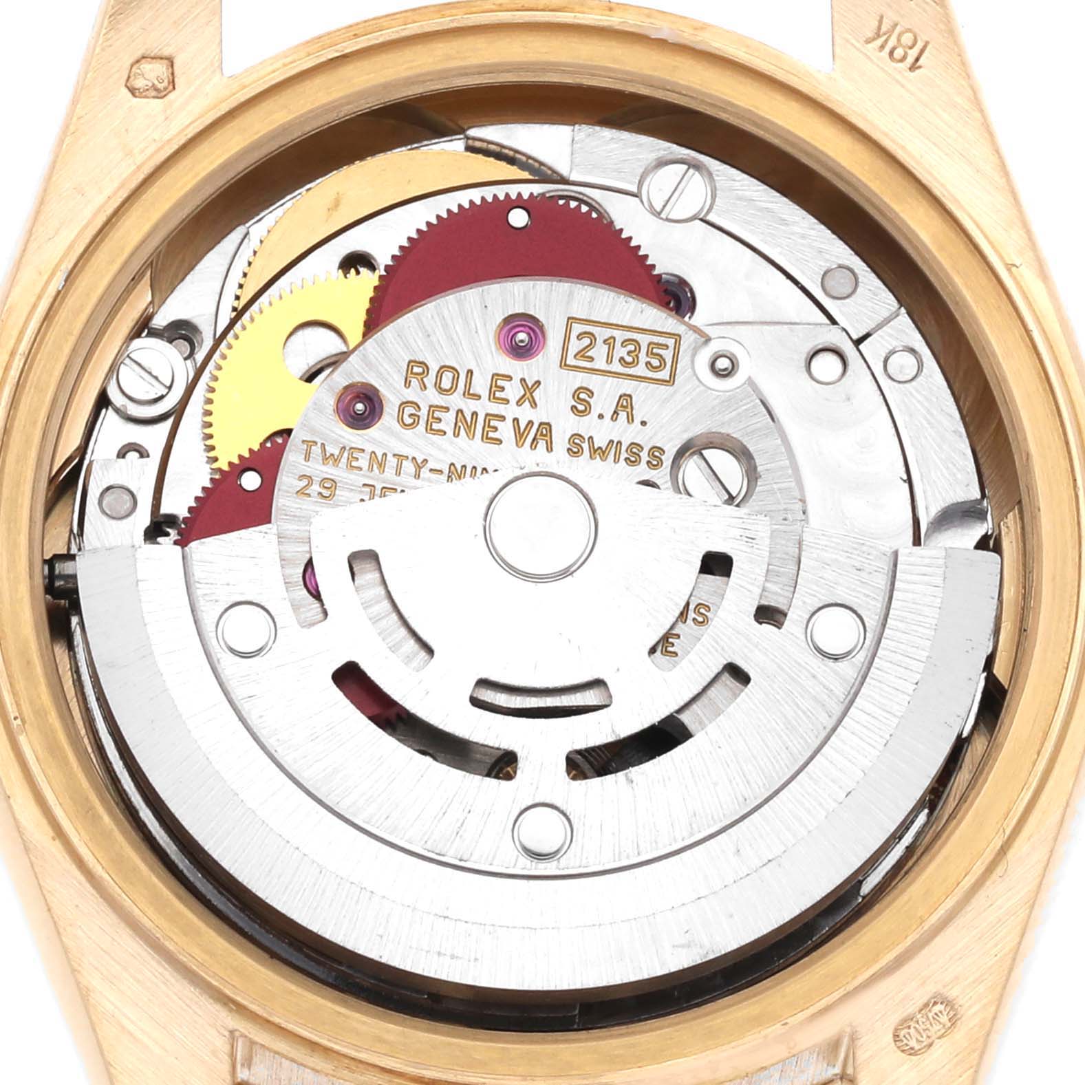 The image shows the movement and internal mechanics of a Rolex President 69278 Women's Yellow Gold Champagne Dial 69278 Women's Yellow Gold Champagne Dial model watch from a top-down angle.