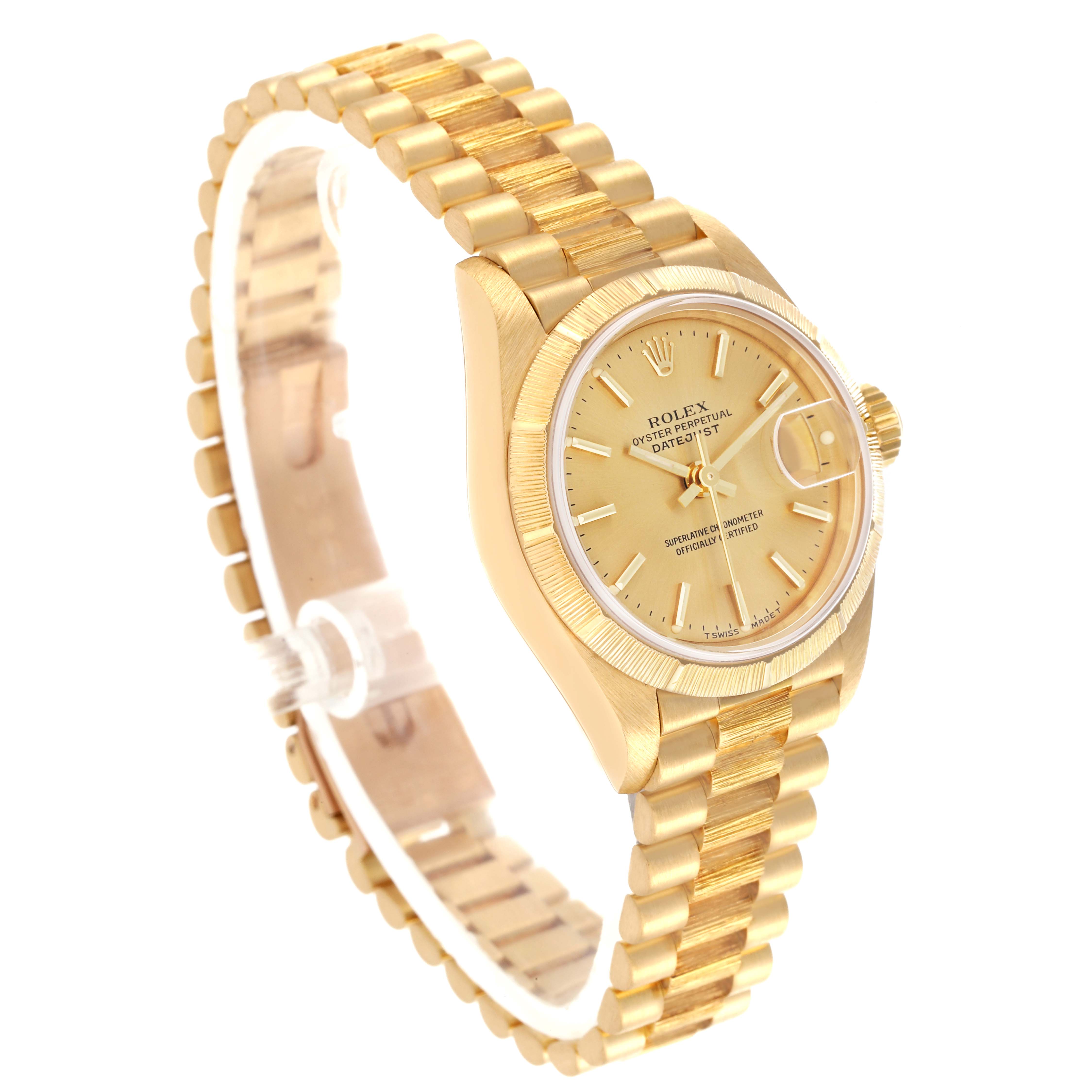 The Rolex President 69278 Women's Yellow Gold Champagne Dial 69278 Women's Yellow Gold Champagne Dial model is shown at an angle, depicting the full bracelet, case, dial, and fluted bezel.